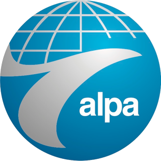 Logo of ALPA featuring a stylized globe with a sweeping white stripe and the text 'alpa' in lowercase letters.