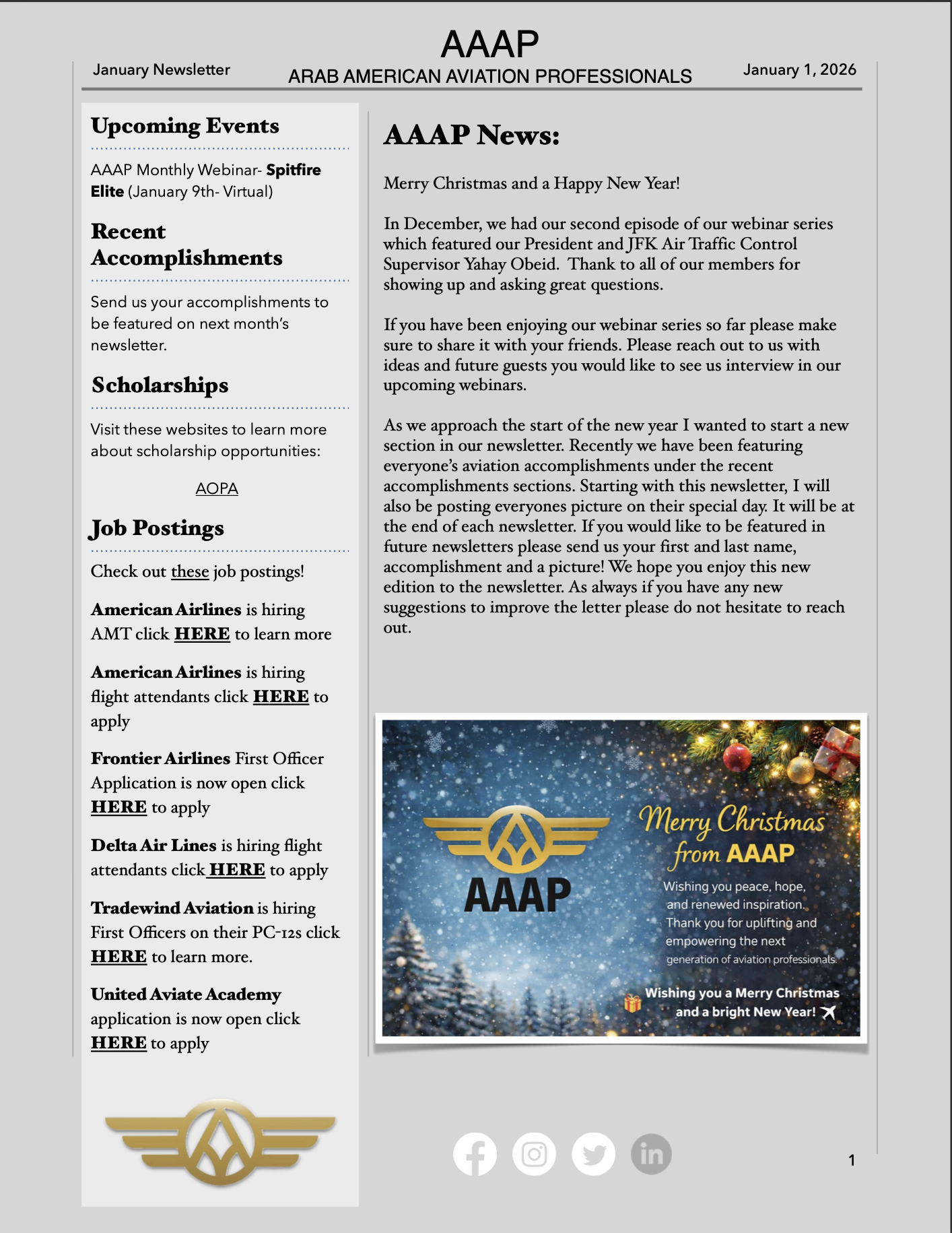 Newsletter titled 'AAAP Arab American Aviation Professionals' from January 1, 2026, featuring sections on upcoming events, recent accomplishments, scholarships, job postings, and a holiday greeting with the AAAP logo and a festive image of Christmas decorations and snow.