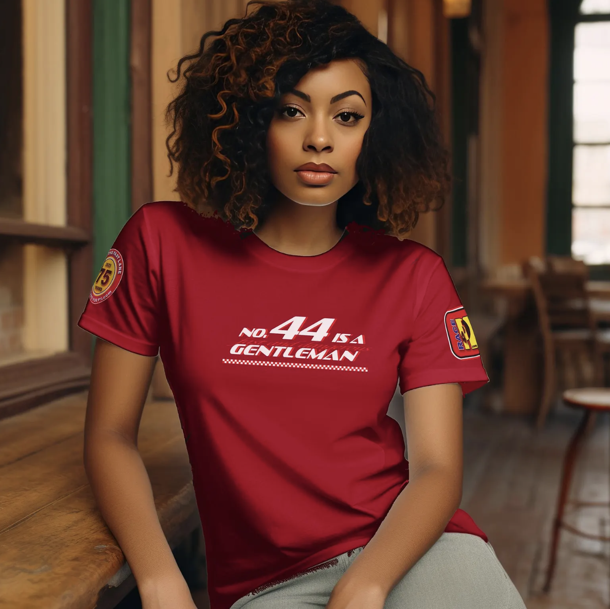 Woman wearing a red T-shirt with the text 'No. 44 Is a Gentleman'