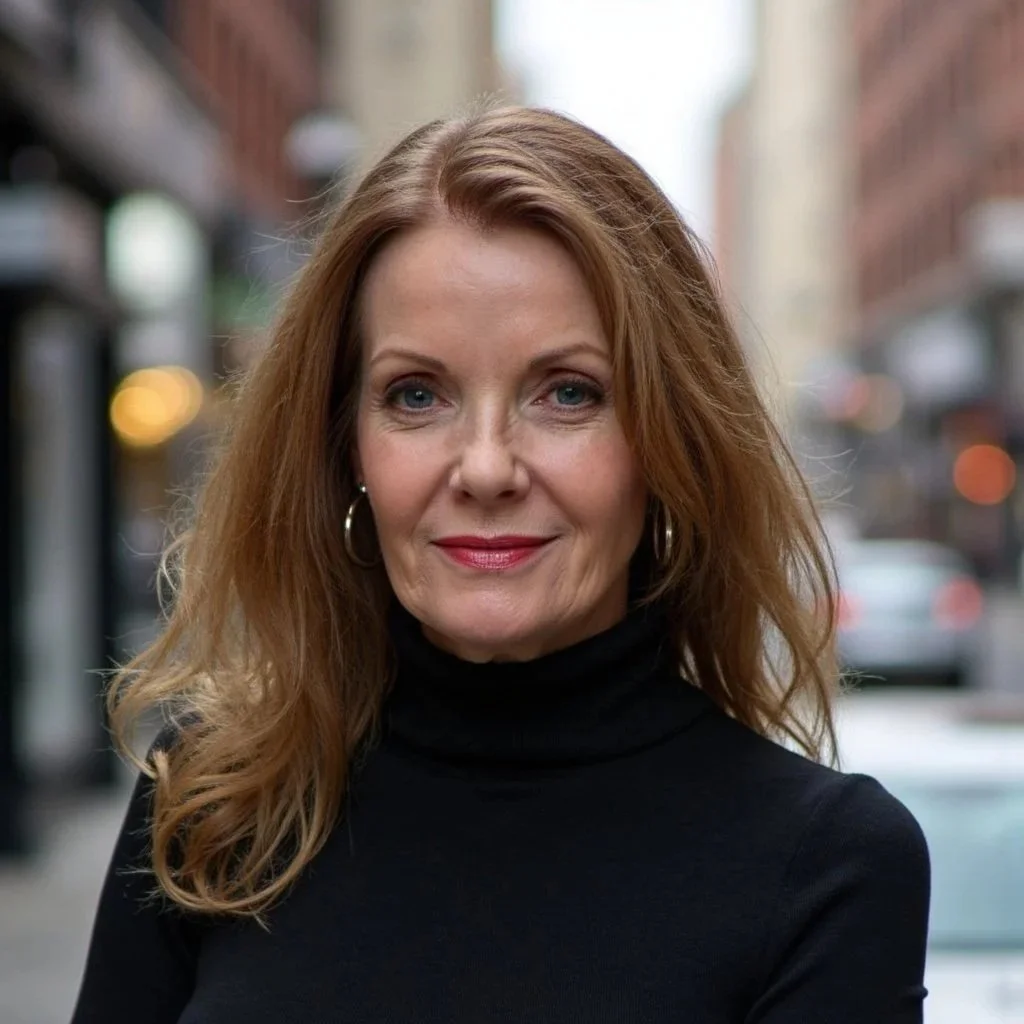 Cindy Chance, PhD. wearing a black turtleneck sweater and hoop earrings, stands outdoors in an urban setting with blurred buildings and cars in the background.