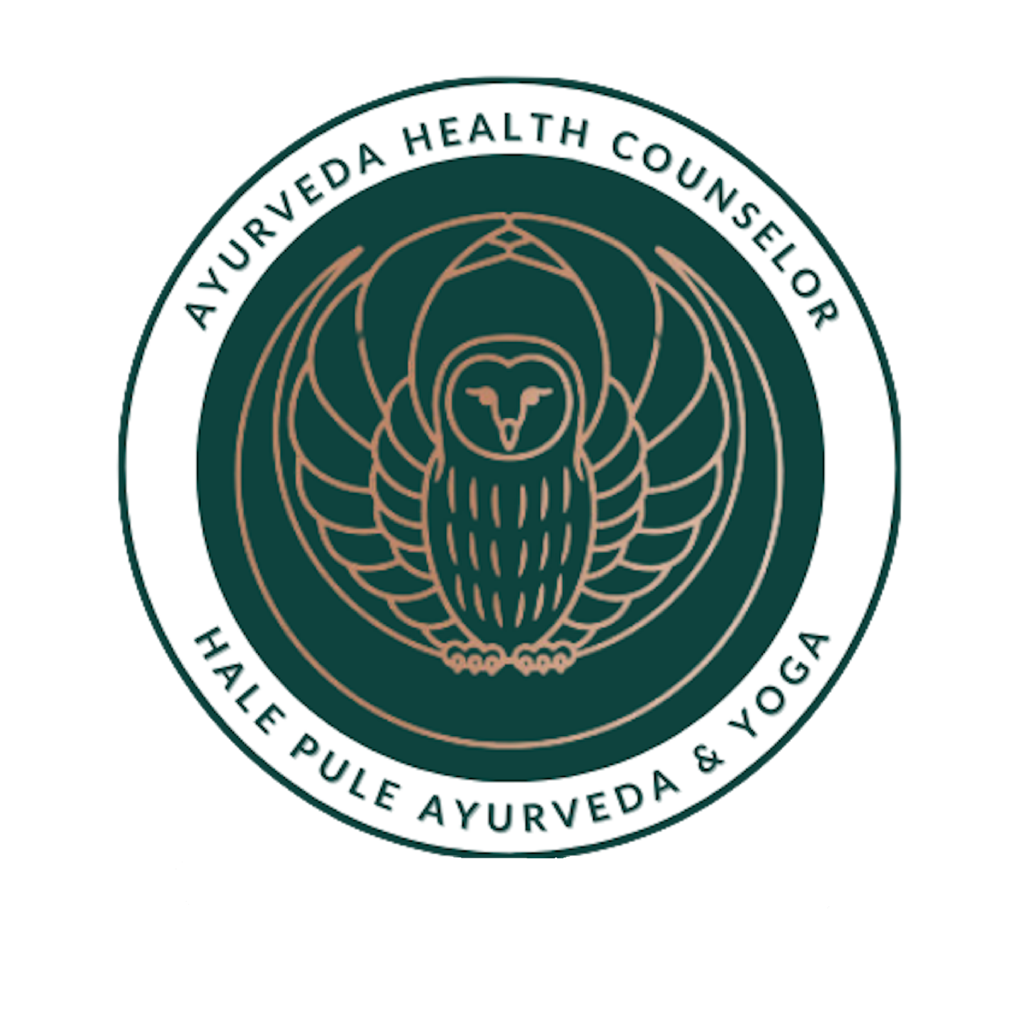 Ayurveda health counselor hale pule ayurveda & yoga round logo with an owl in the middle.