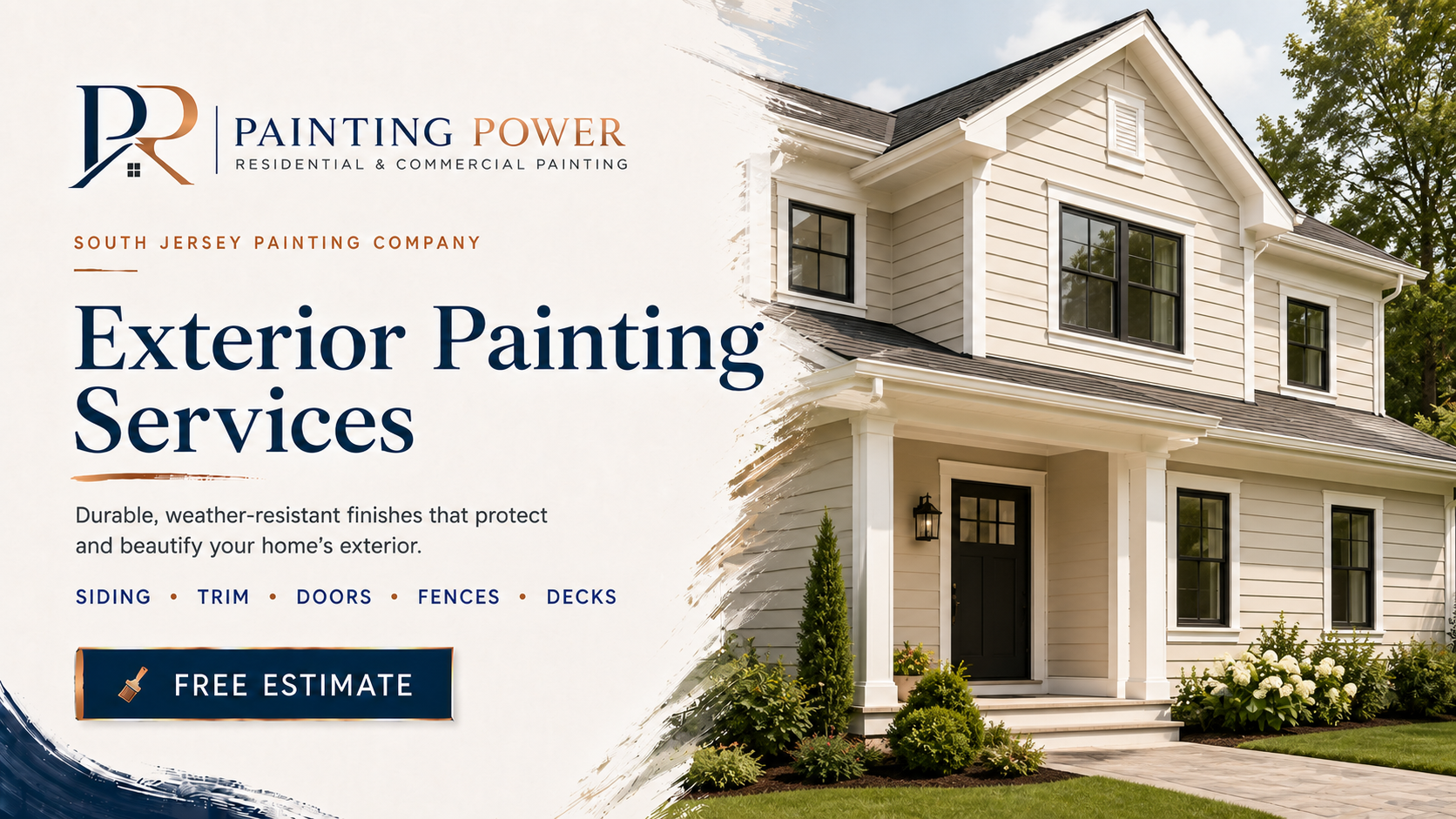 Freshly painted home exterior with clean siding, trim, shutters, and front entry