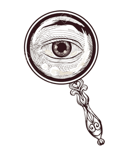A vintage hand mirror with an eye illustration reflected in the mirror.