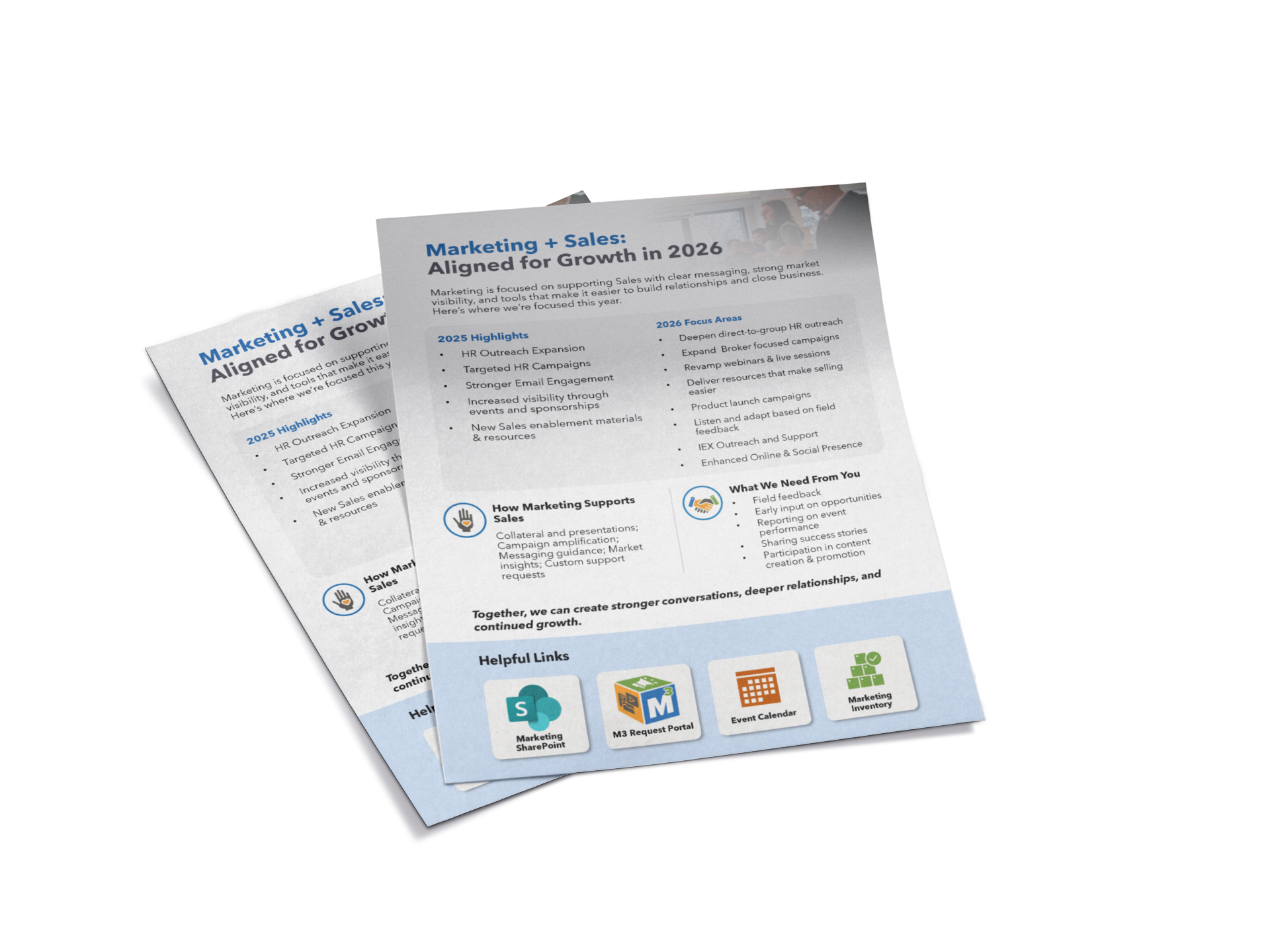 Two printed marketing strategy flyers with text and icons, with a focus on 2026 growth plans and support tools.