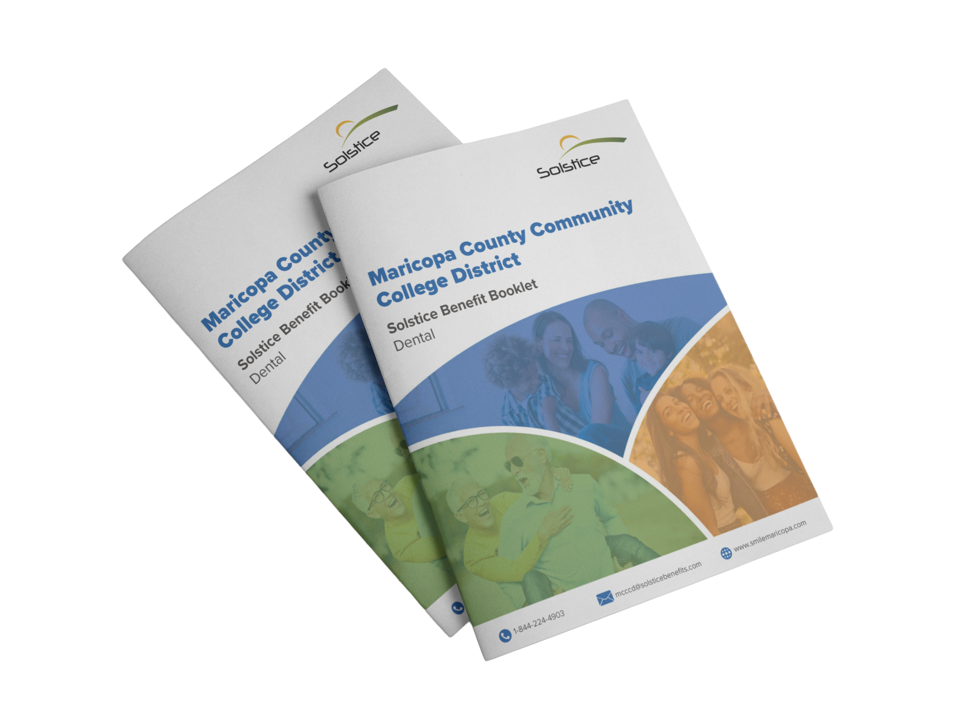 Brochure for Maricopa County Community College District benefits, featuring images of diverse smiling people, with contact information.