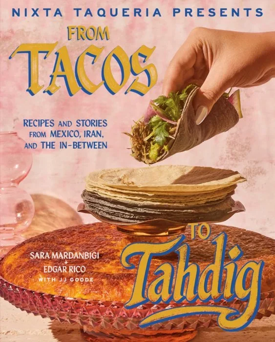 Janai's hand on Nixta's "Tacos to Tahdig" cookbook jacket cover. Janai helped produce Nixta's first cookbook!