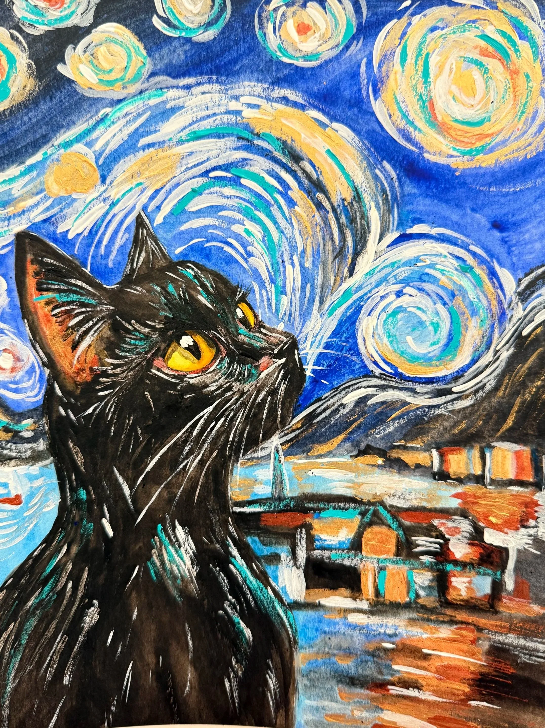 A painting of a black cat with yellow eyes sitting under a night sky filled with swirling stars and a cityscape with buildings and a body of water reflected on the ground. The style resembles Vincent van Gogh's swirling starry night.