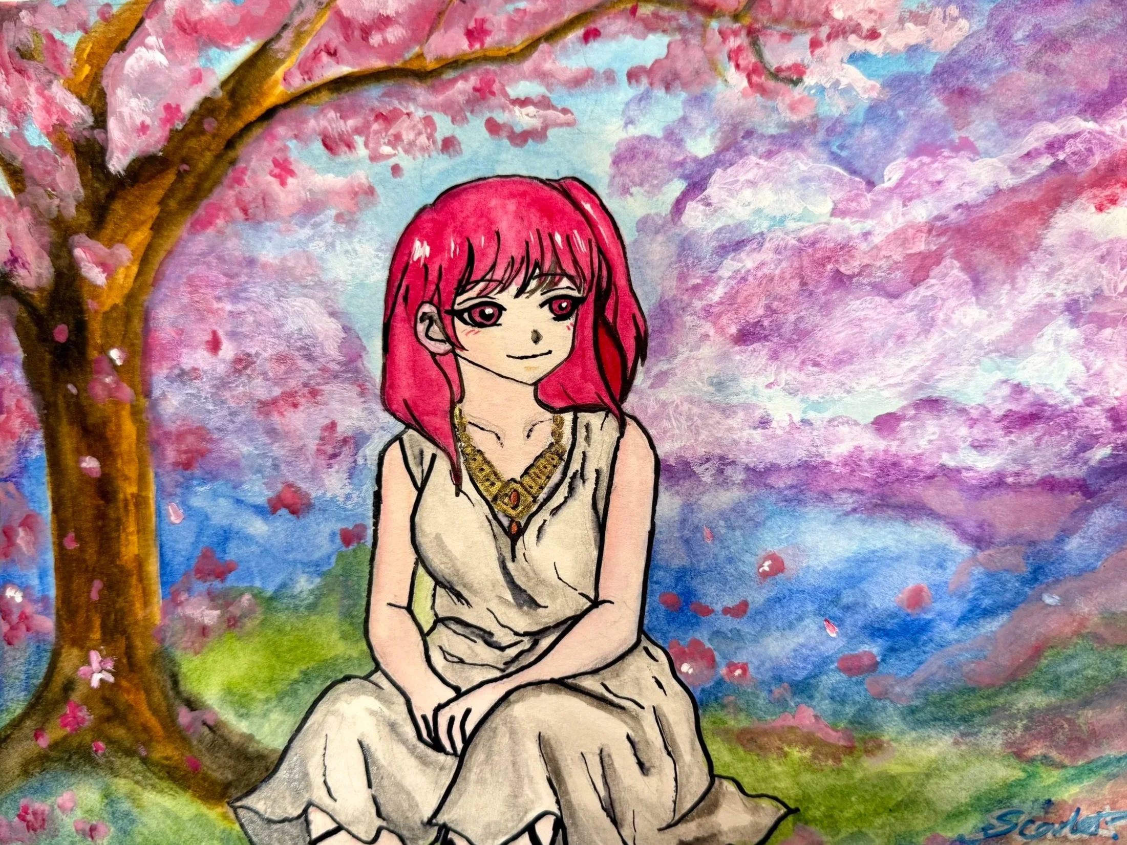 A colorful watercolor painting of a girl with pink hair sitting under a blooming cherry blossom tree.