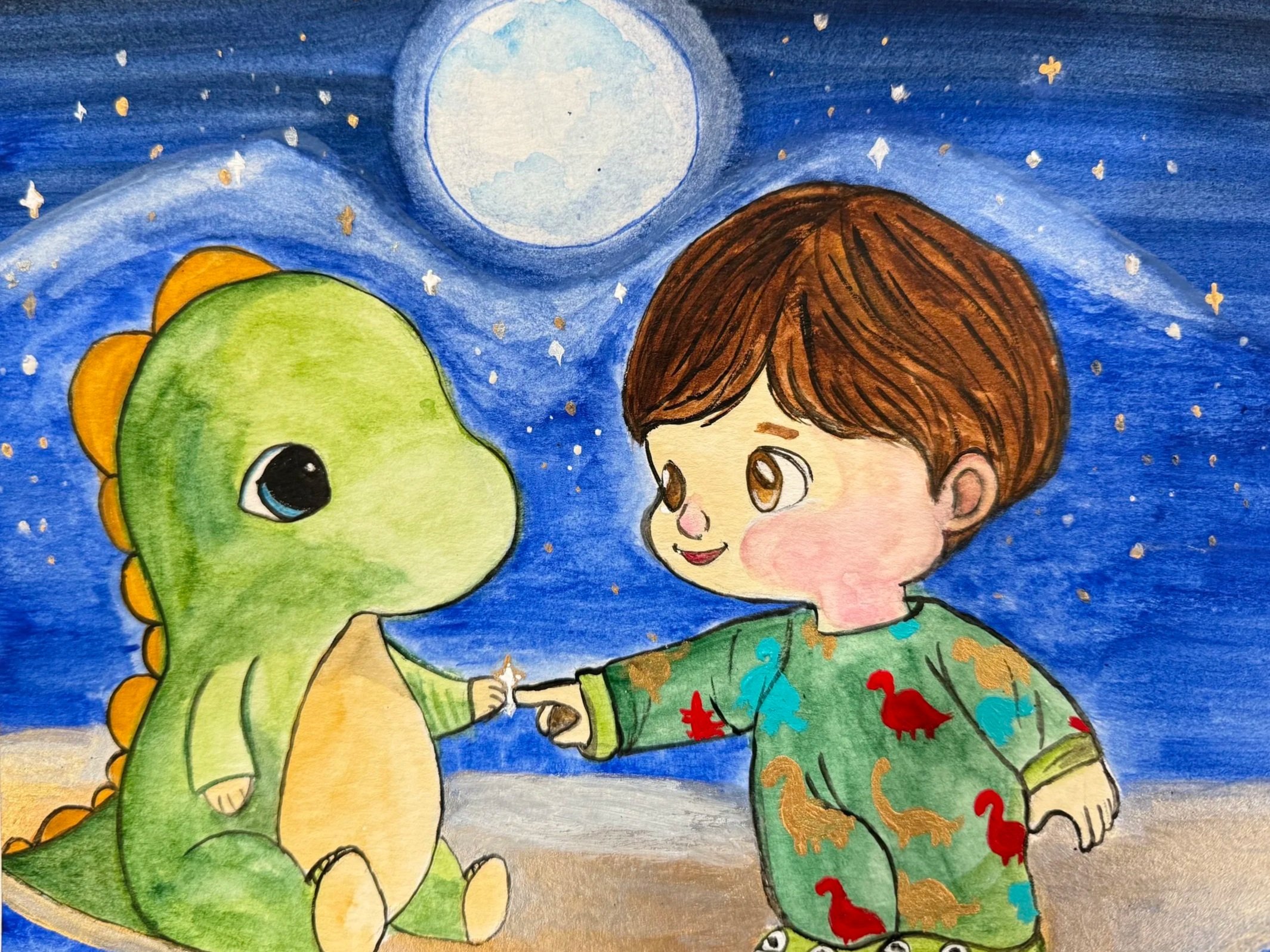 A cartoon drawing of a young boy with brown hair and big brown eyes, wearing green pajamas with colorful dinosaur patterns, sitting on a sandy ground at night under a bright full moon and starry sky. He is holding hands with a large, cute, green dinosaur with orange spikes on its back, big eyes, and a friendly expression.