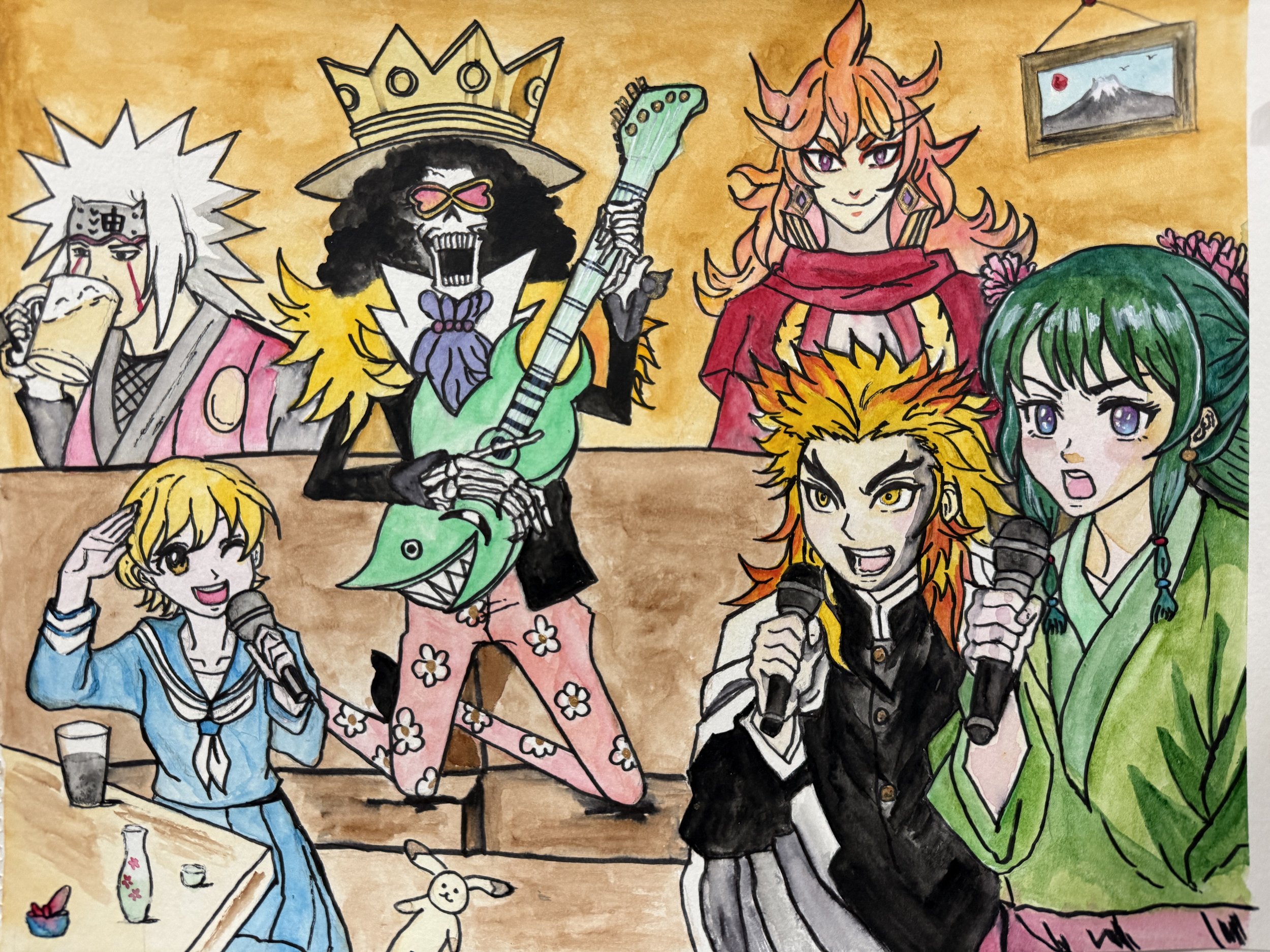 Anime-style characters gathered in a room, some holding microphones, with a background table, framed picture of Mount Fuji, and a wall with warm tones.