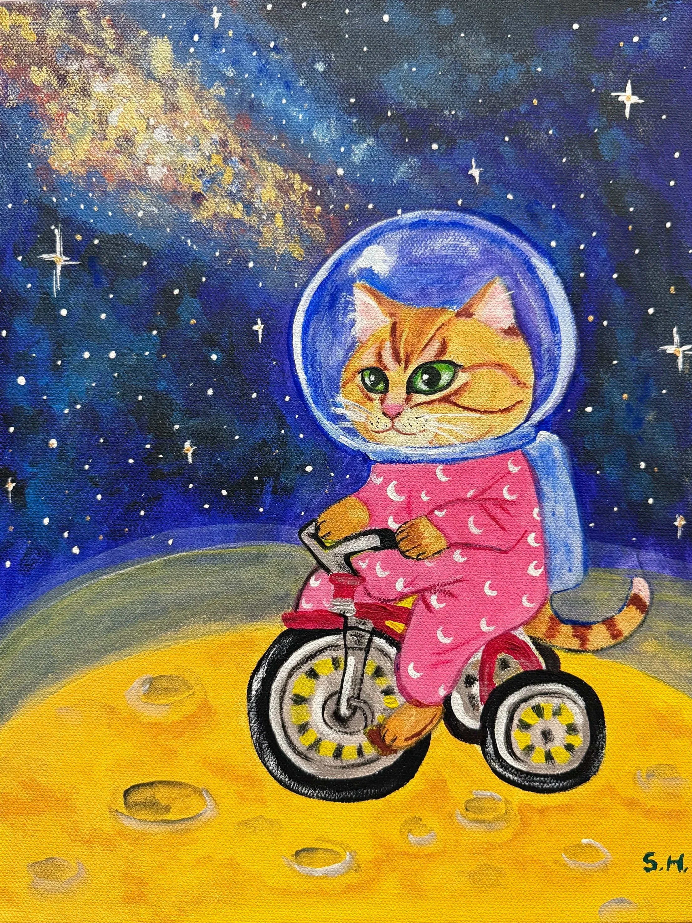 A painting of a cat wearing a pink spacesuit with moon patterns, riding a bicycle on the moon's surface with a starry space background.
