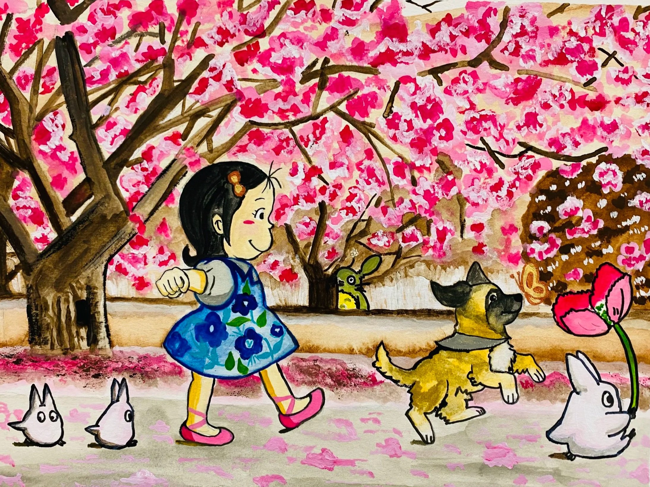 A girl walking with animals under pink cherry blossom trees.
