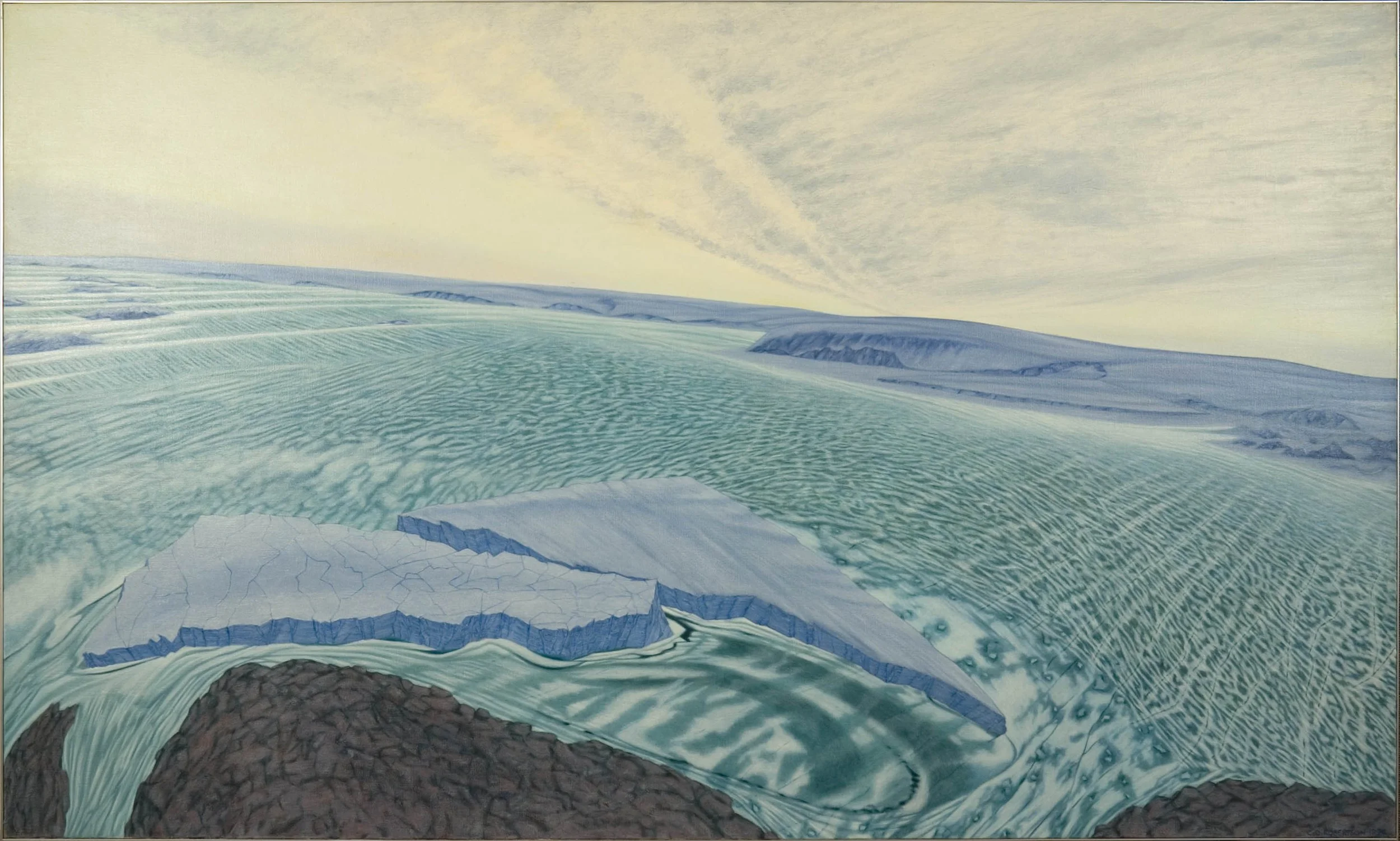 Flying into Mawson, 1990. Oil on linen. 1370x2290mm