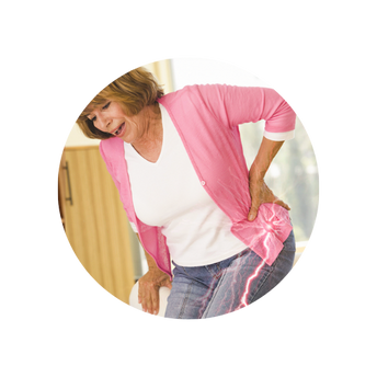 Older woman experiencing back pain with visible lightning effect in lower back, holding her back with one hand, in a brightly lit room.