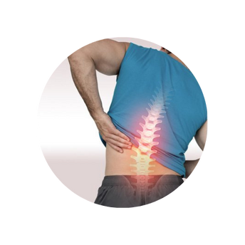 Person wearing a blue sleeveless shirt holding lower back, with an overlay of a glowing red spine indicating back pain.