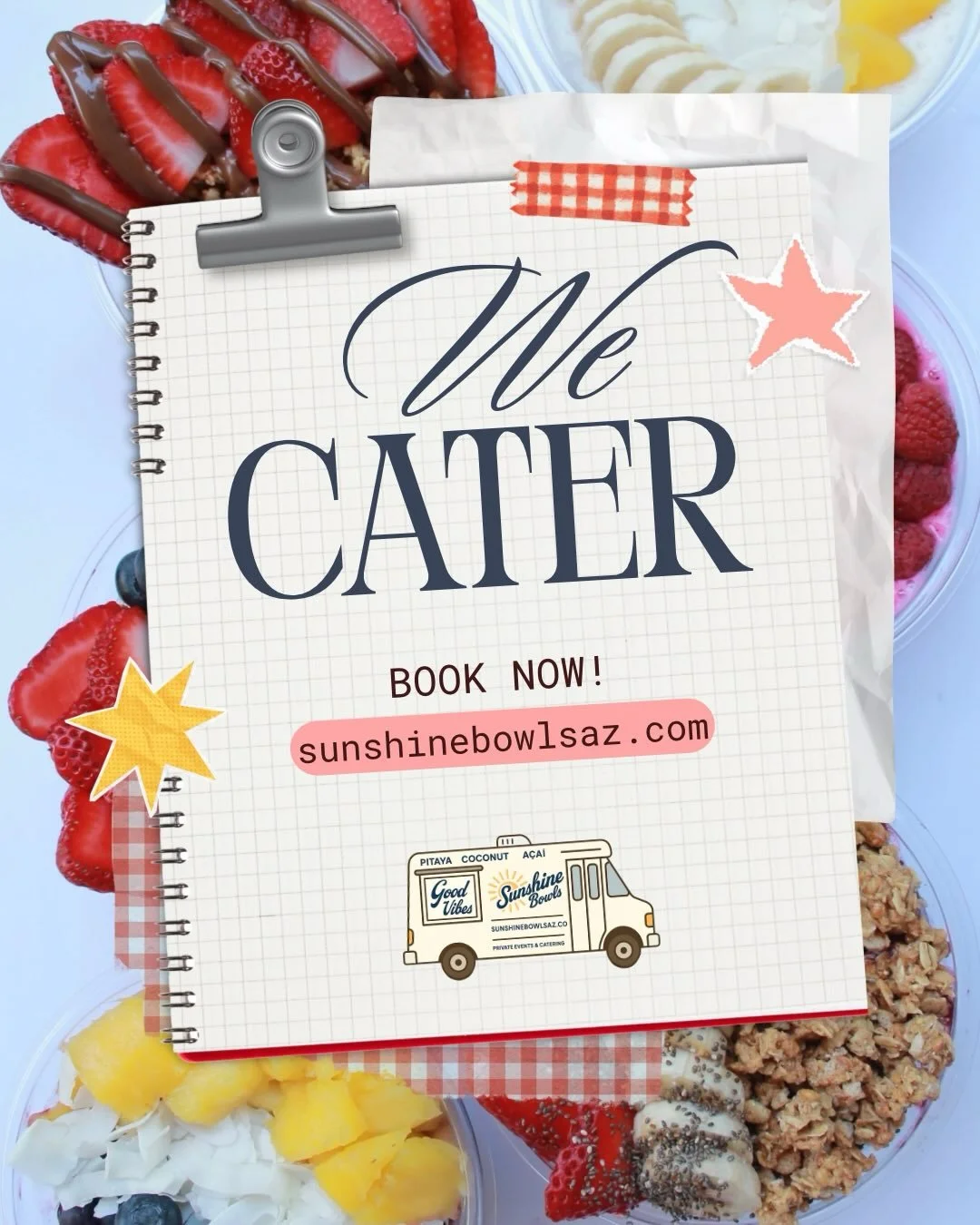 We are so excited to roll out our catering menu!!! Visit our website to book now ☀️🍓 #sunshinebowlsaz #catering #azcatering #acaibowls #azfoodtruck