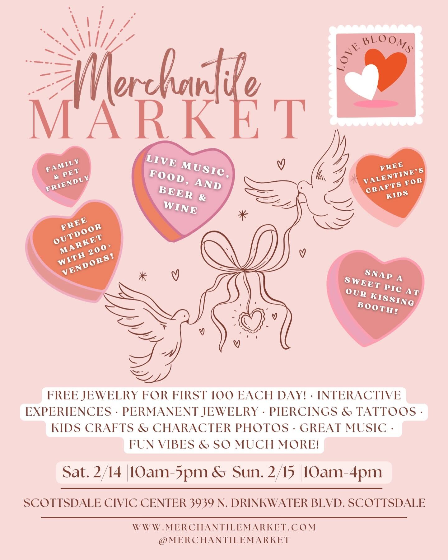 Grab your boo, besties, kiddos and come let love bloom!🌷

🌸Love Blooms Merchantile Market is happening on Saturday, February 14th from 10am-5pm AND Sunday, February 15th from 10am-4pm at Scottsdale Civic Center!

✨Come experience:
-200+ vendors
-Li