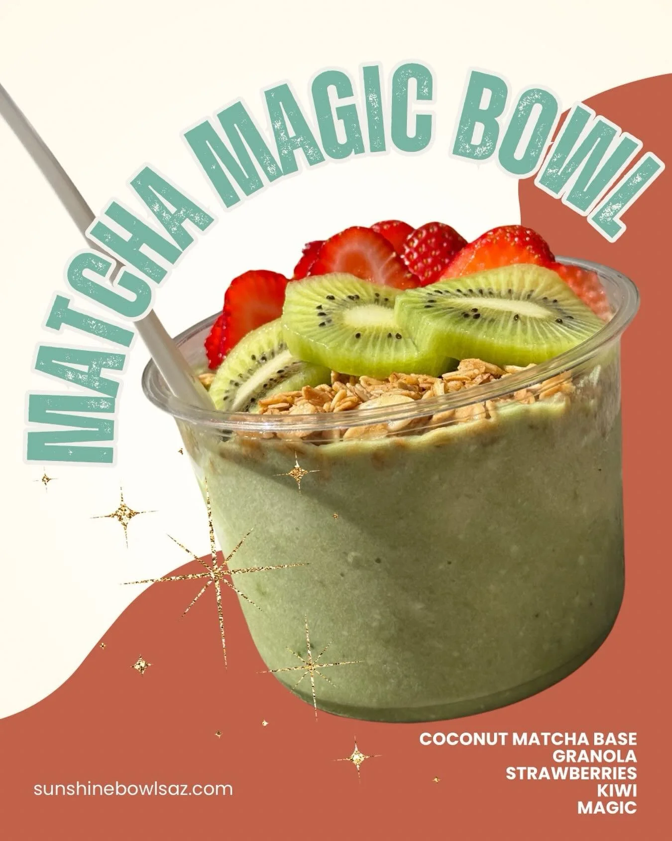 We still have the Matcha Magic Bowl ✨🥝🍓 Come try it out tomorrow at the @thevalleygirlmarket 🪩✨💕 #matchasmoothiebowl #matcha #sunshinebowlsaz #azfoodtruck
