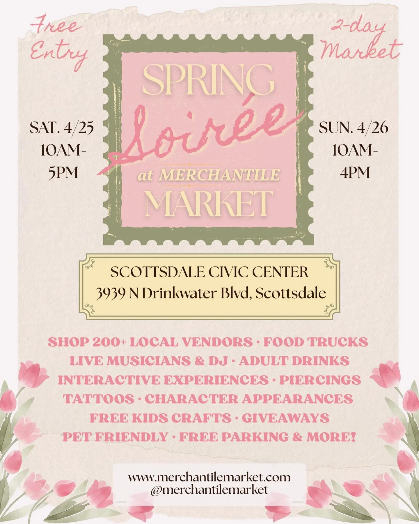 🌸 Merchantile Market Spring Soir&eacute;e is back for a full weekend experience you do NOT want to miss!

Join us on April 25-26 for our 2-day market at Scottsdale Civic Center featuring the best local vendors bringing you everything from handmade g