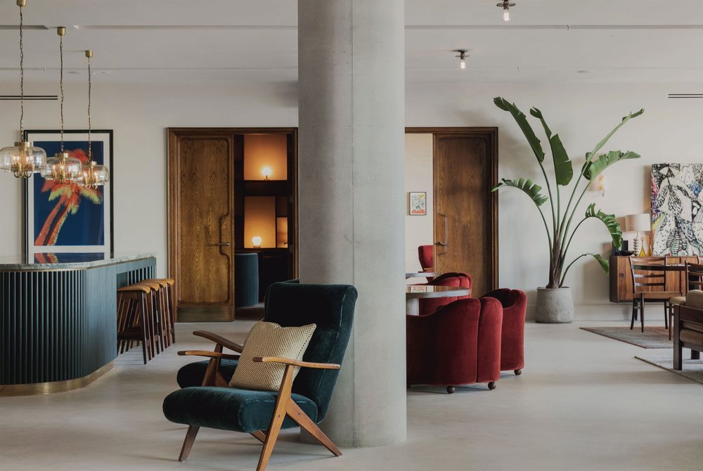 Modern hotel lobby with seating and art decor, featuring a large potted plant, wooden furniture, and a bar area with stools.