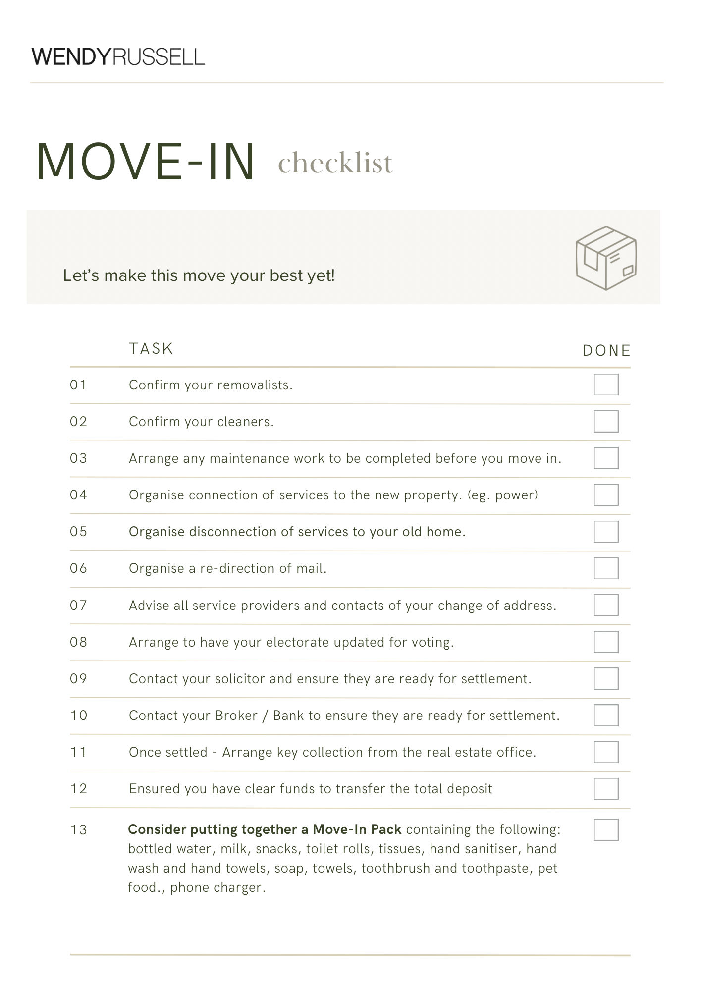 Wendy Russell Move In checklist