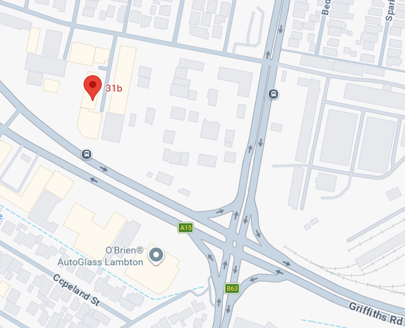 Map showing location near interchange of roads A15 and B63, with nearby bust stops and a building marked 31b.
