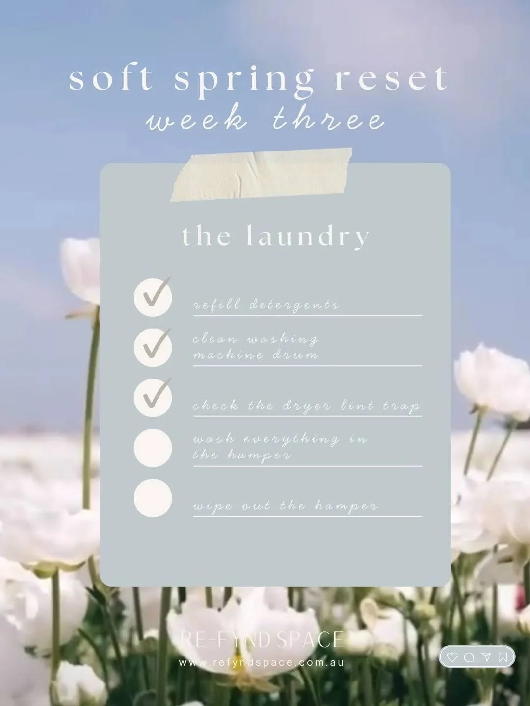 Soft Spring Reset - Week Three 🌷🫧

1 - refill detergents.&nbsp;

2 - clean washing machine drum.&nbsp;

3 - check the dryer lint trap.&nbsp;

4 - wash everything in the hamper. Even that one random item that has been living there for months.&nbsp;
