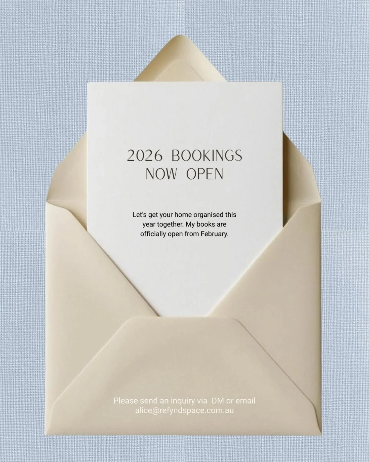 2026 Bookings Now Open! 

If you have been thinking about having your home professionally organised this year I would love to hear from you and book you in for February 2026. 

Alice x 

#professionalorganiser #homeorganisation #goldcoast #2026bookin