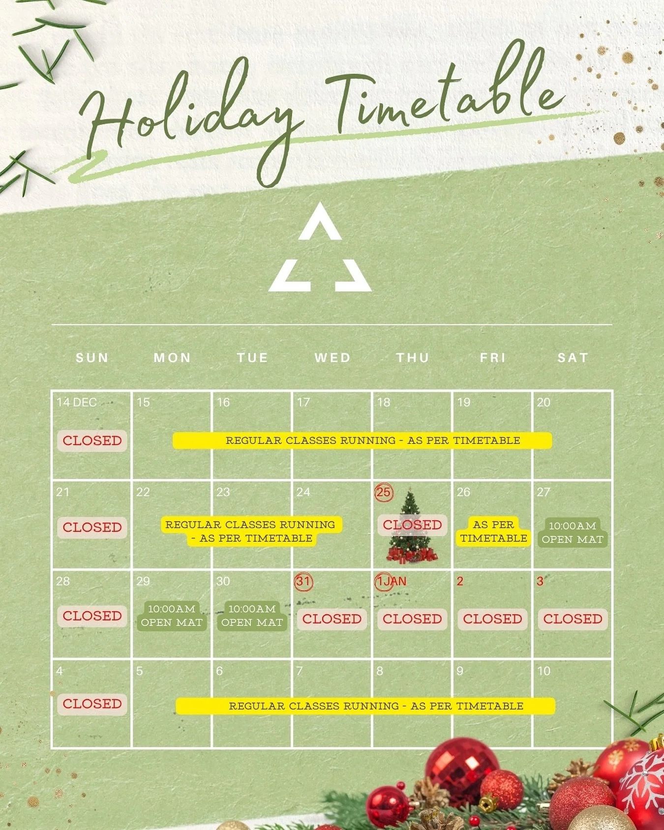 🎄 Quick heads-up on our holiday schedule 🥋❤️
We&rsquo;re taking a short break to recharge with family and friends.
Thanks for an amazing 2025 &ndash; your energy and commitment made it special.

See you after the festivities 🌟