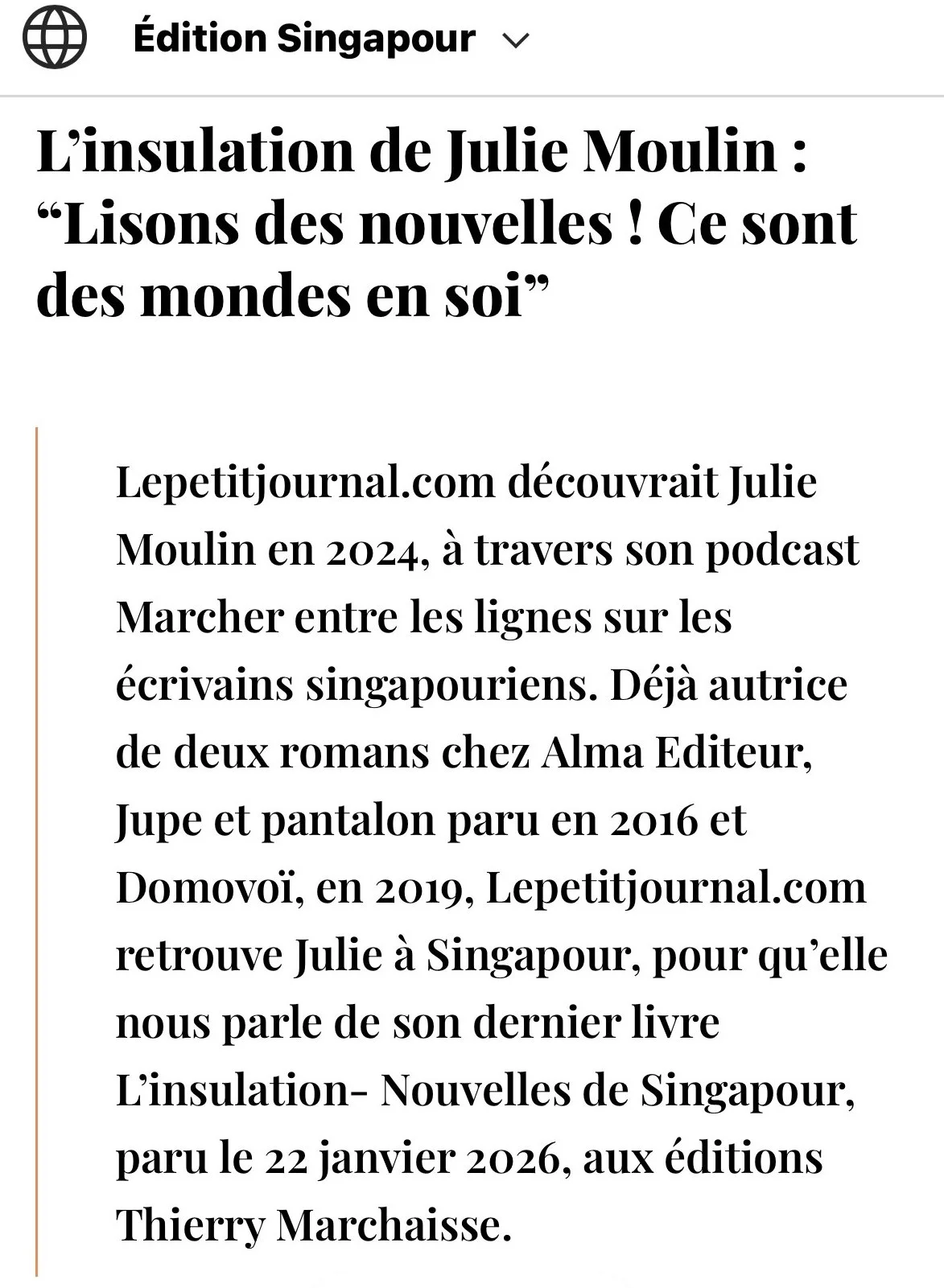 Article de LePetitJournal.com sur le livre L'insulation, nouvelles de Singapour, de Julie Moulin
