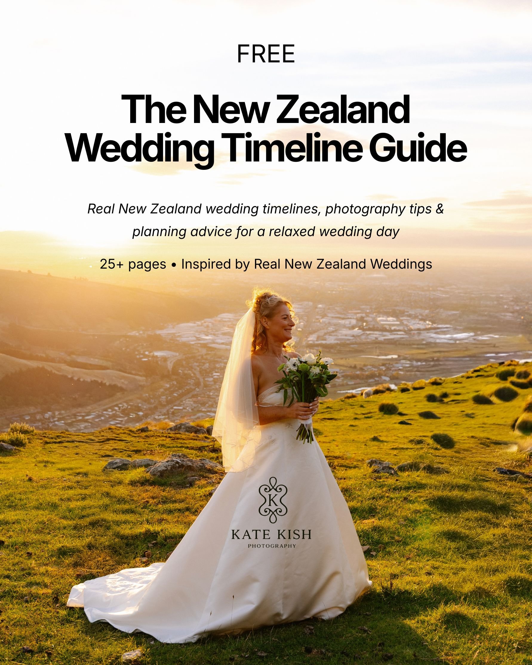 A woman in a wedding dress holding a bouquet of white flowers, standing outdoors on a grassy hill during sunset, with a scenic view of the ocean and coastline in the background. The image includes overlaid text advertising a free wedding planning guide by Kate Kish Photography.