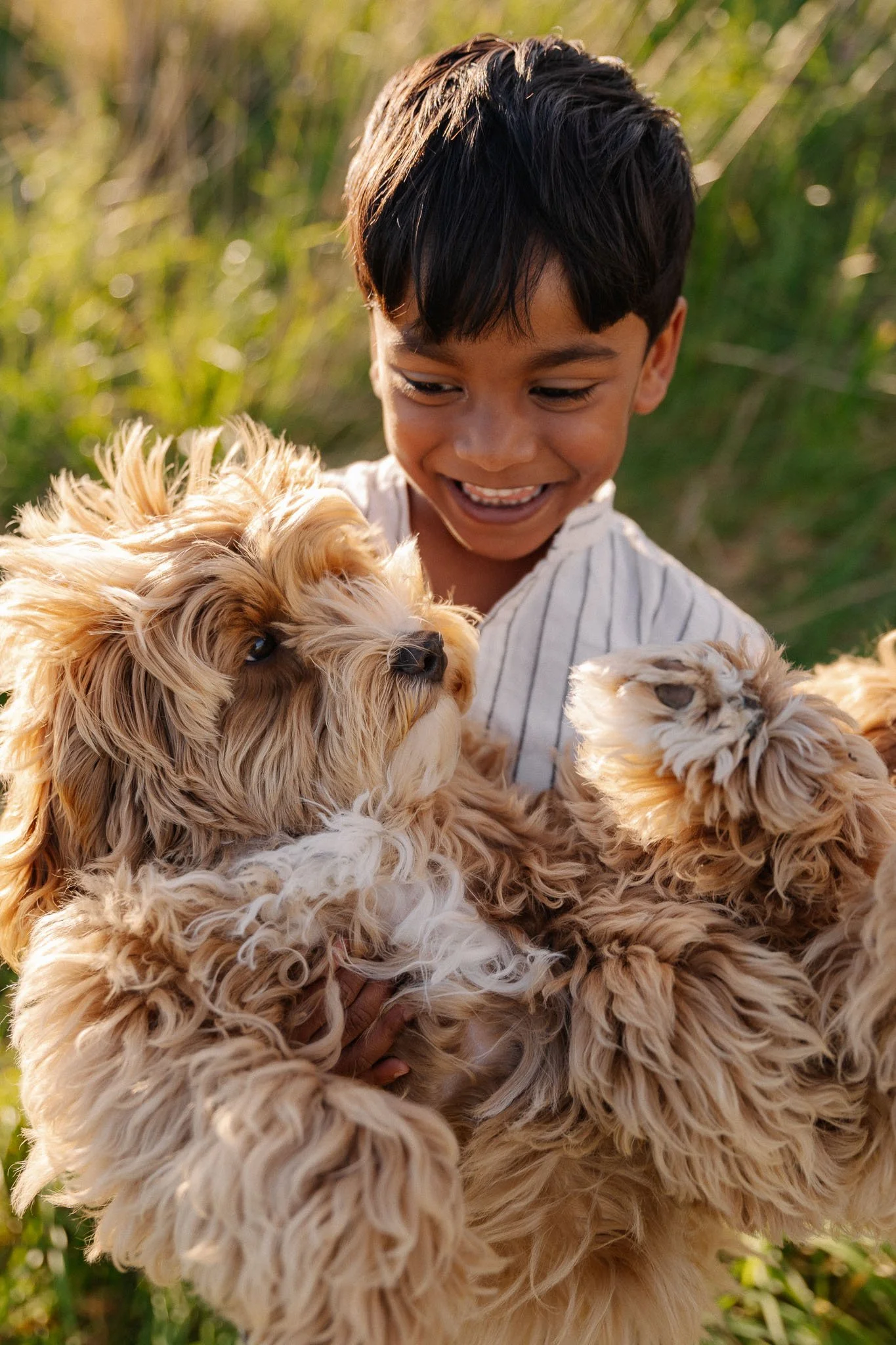 A boy holding two small fluffy puppies outdoors with greenery in the background