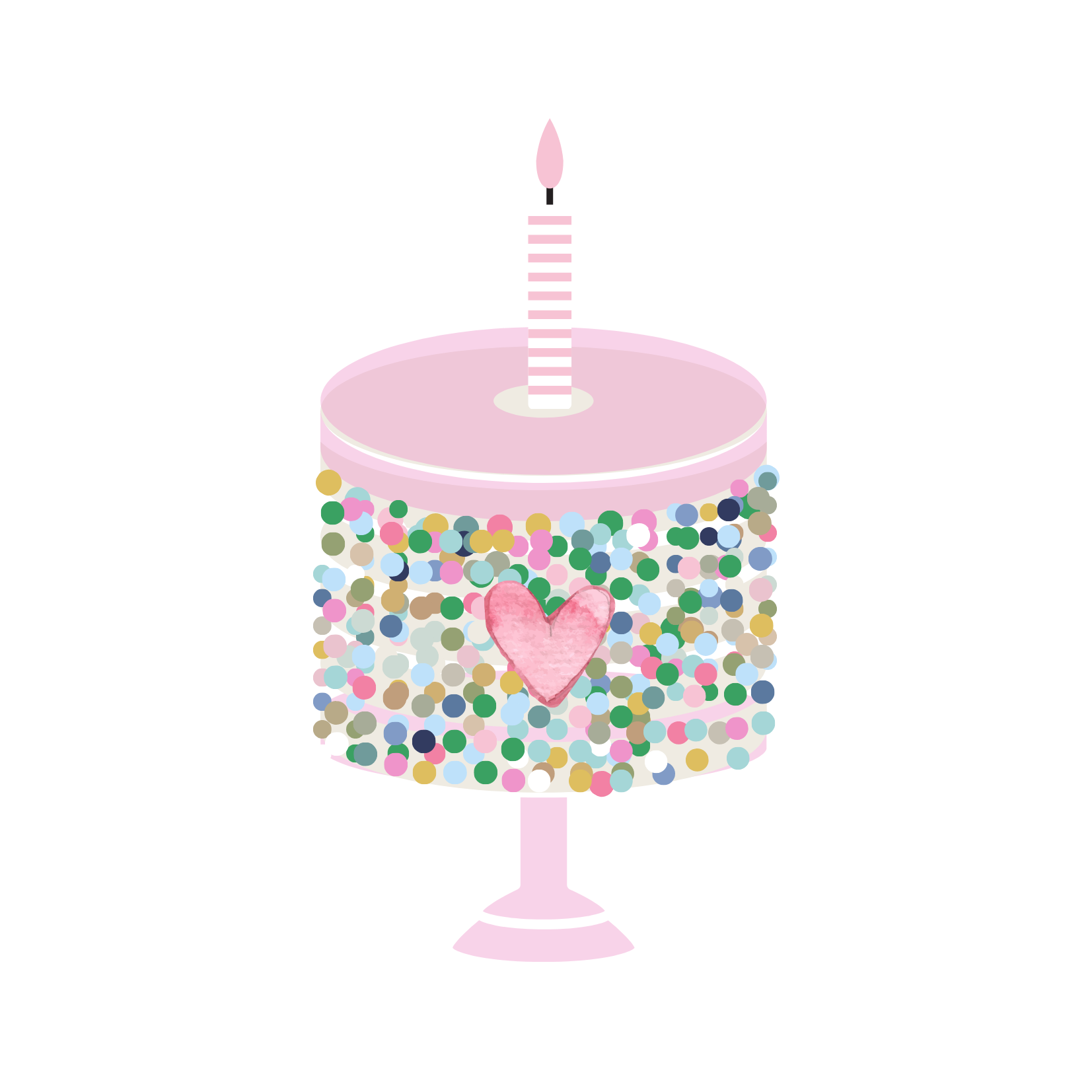 Illustration of a pink cake with multicolored dots, a heart decoration, and a striped candle on top.