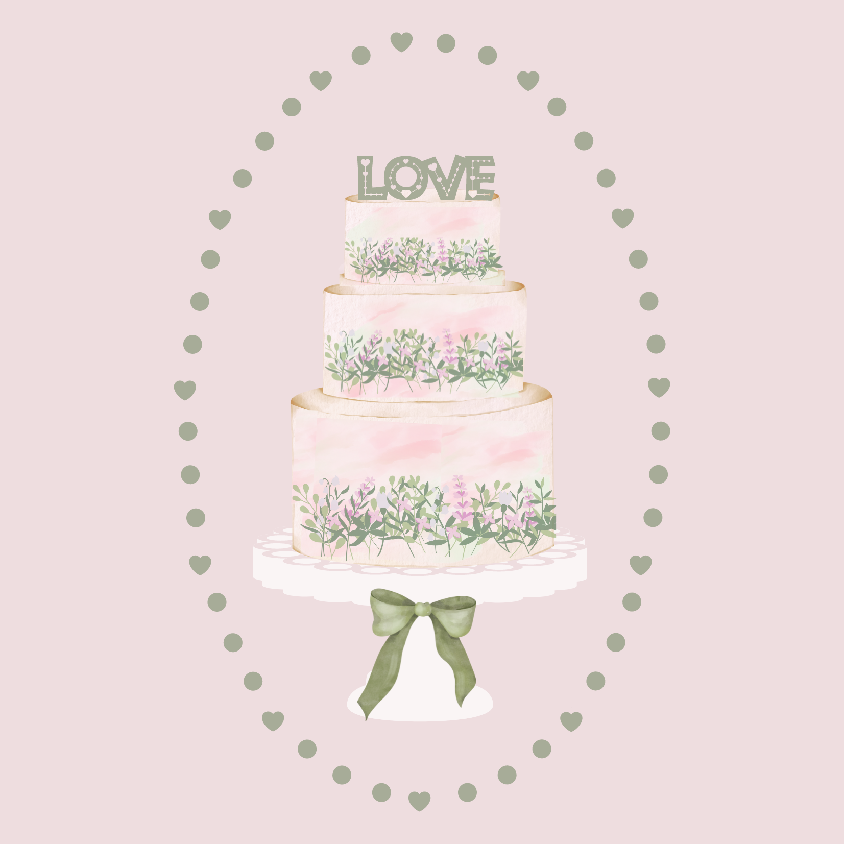 Illustration of a three-tiered cake with floral decorations on each tier, topped with the word 'LOVE.' The cake is on a stand with a green bow, surrounded by a heart and dot border, set against a pink background.