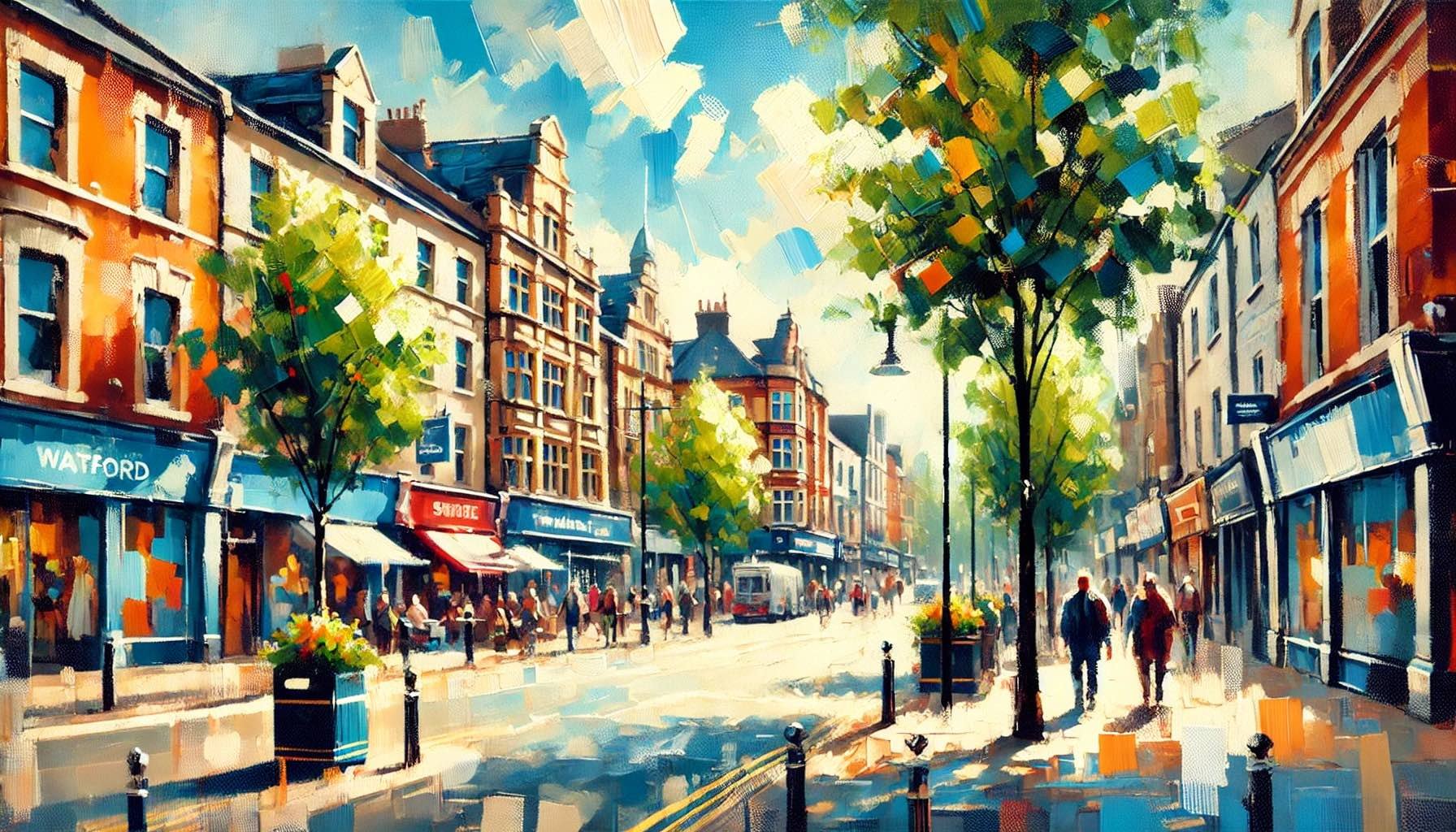 Colorful painting of a nice UK town with flats for Contractors