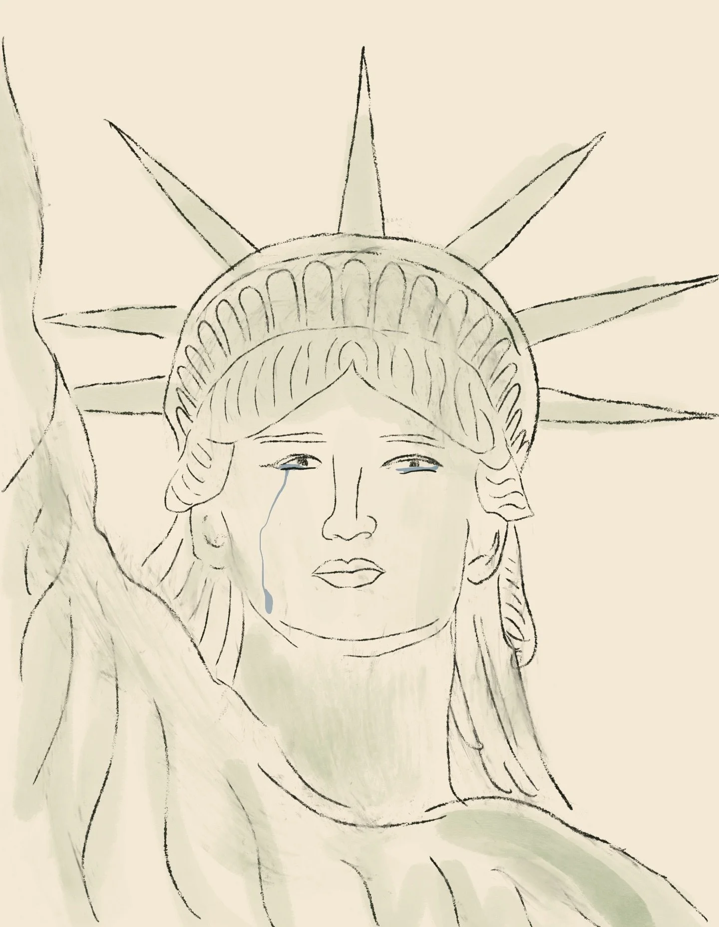 Drawn over a year ago. Still resonates.

"Not like the brazen giant of Greek fame,
With conquering limbs astride from land to land;
Here at our sea-washed, sunset gates shall stand
A mighty woman with a torch, whose flame
Is the imprisoned light