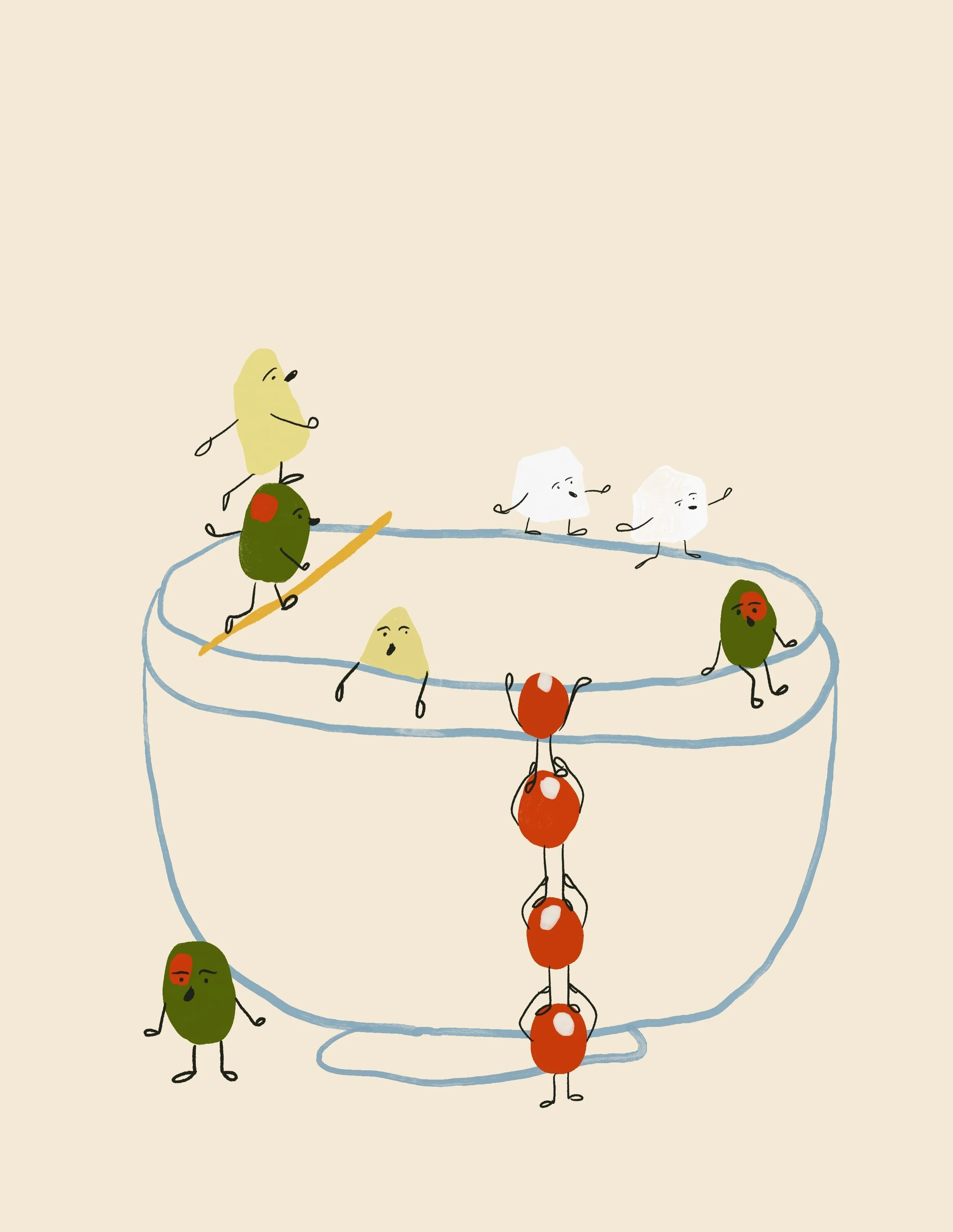 It's a party 🫒 🧀 🍅 
.
.
.
.
.
#womenillustrators #freelanceillustration #illustrationworks #editorialillustrator
