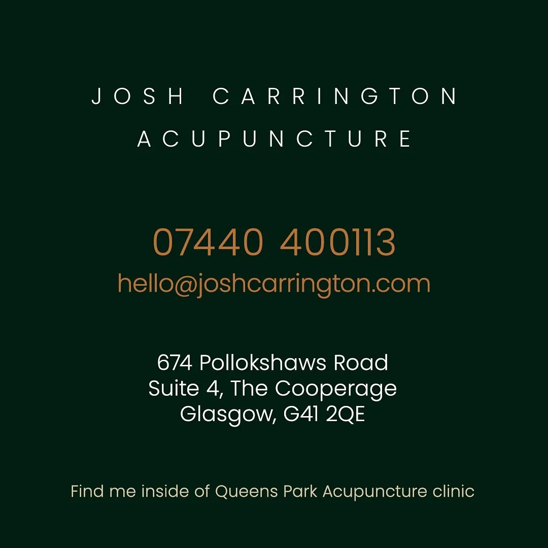 Josh Carrington Acupuncture is now open for bookings: Tues 10-1, Wed 10-1, and Thurs 2-8. Please see website for more information and booking link #JoshCarringtonAcupuncture #TCMAcupuncture #AcupunctureGlasgow #TraditionalChineseMedicine #GlasgowAcup