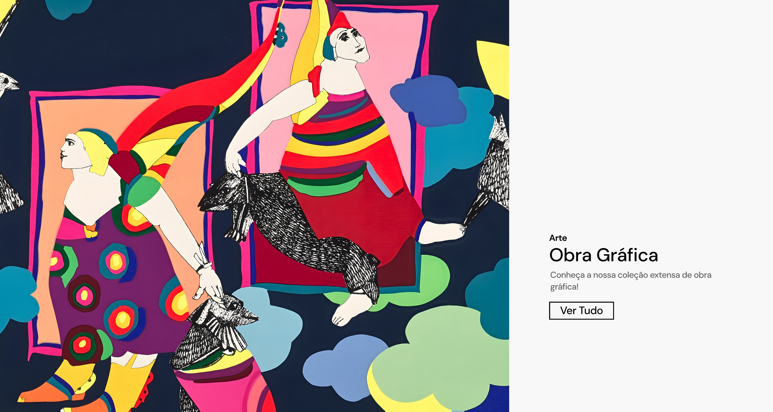 Composição artística contemporânea da artista portuguesa Armanda Passos utilizada na página de obra gráfica da Galeria Nicolau Nasoni. Texto na imagem: "Arte. Obra Gráfica. Ver Tudo."