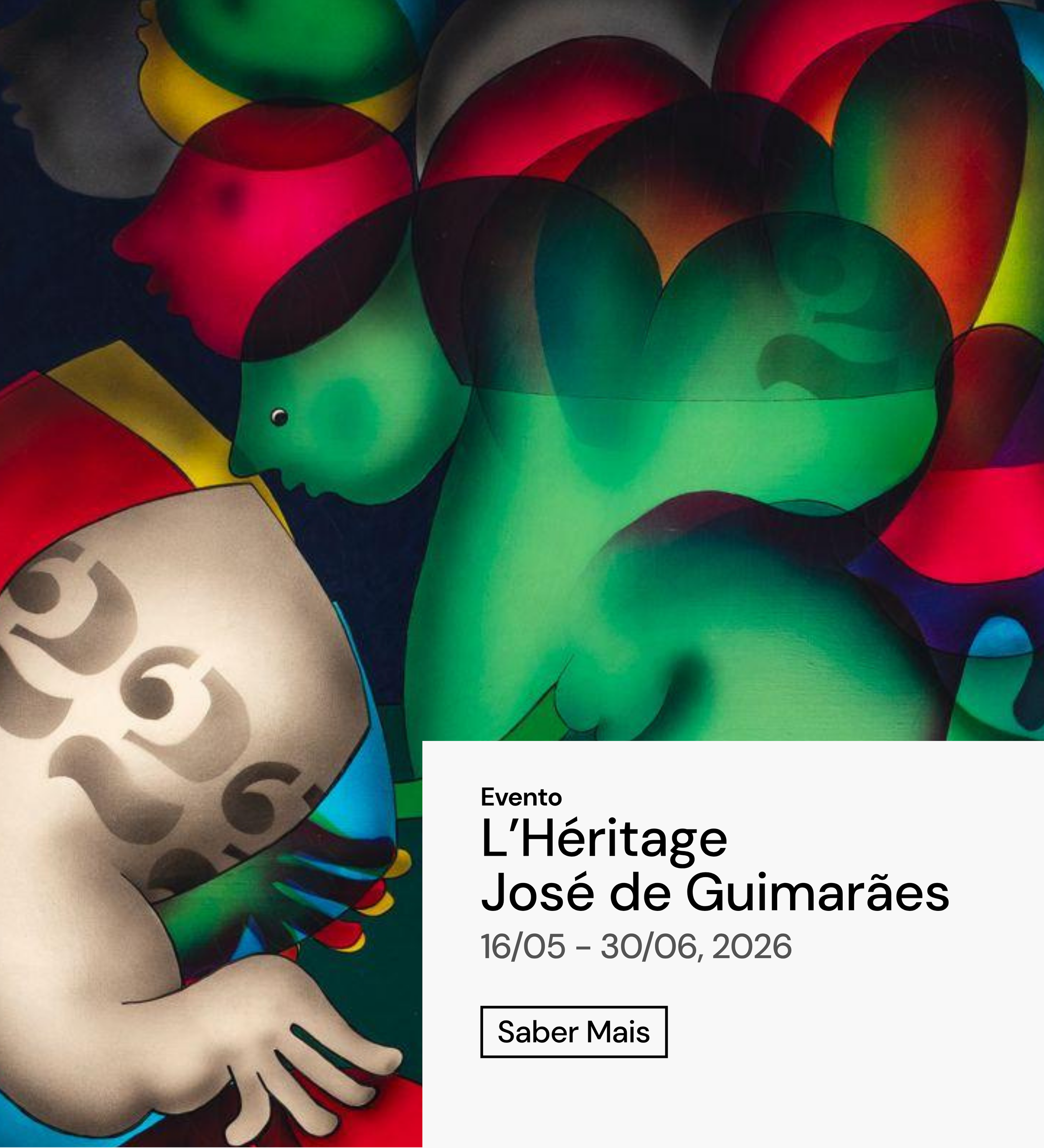 Banner da exposição L'Héritage de José de Guimarães na Galeria Nicolau Nasoni, com pintura abstrata do artista português contemporâneo.