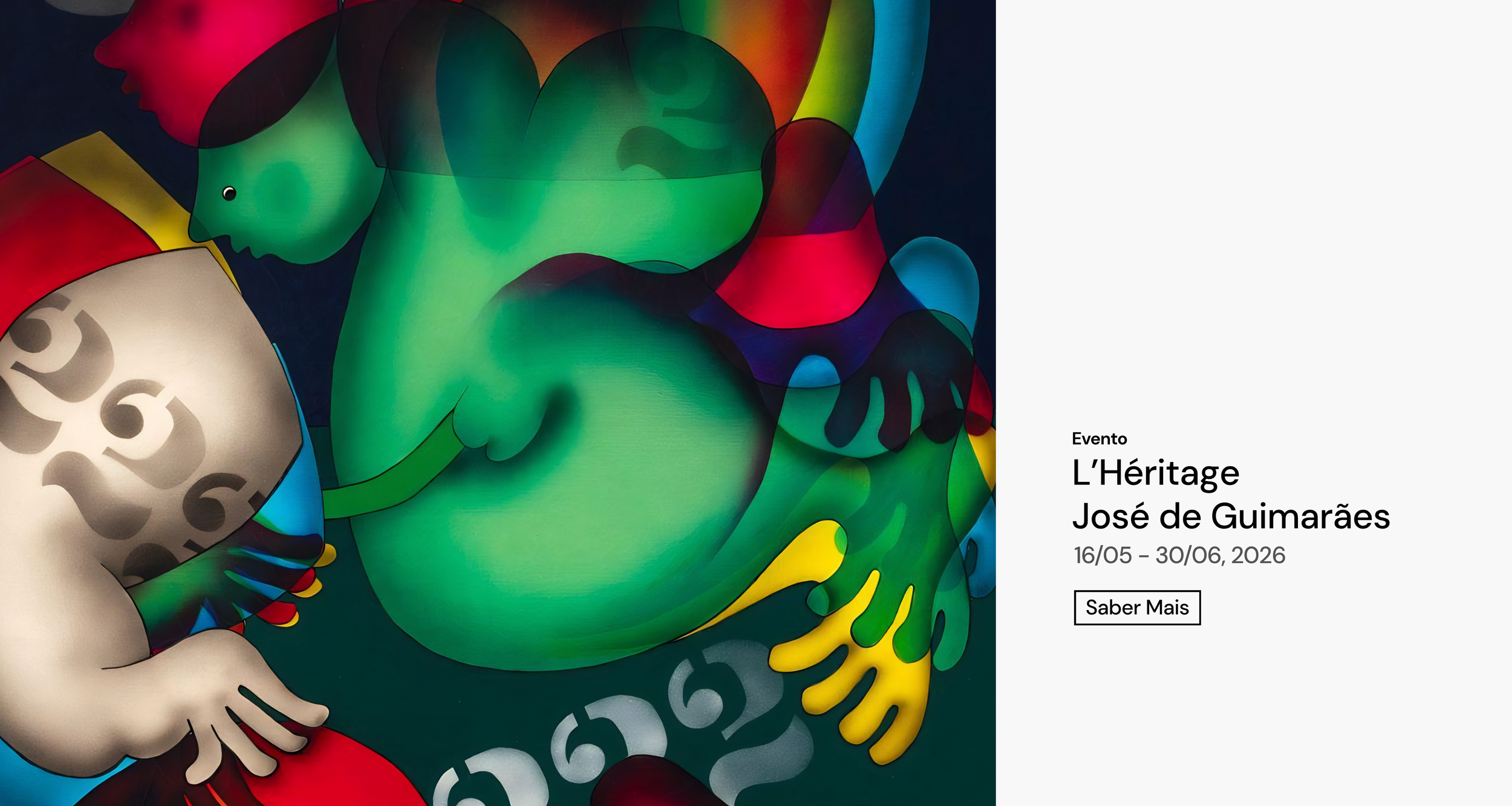 Banner da exposição L'Héritage de José de Guimarães na Galeria Nicolau Nasoni, com pintura abstrata do artista português contemporâneo.