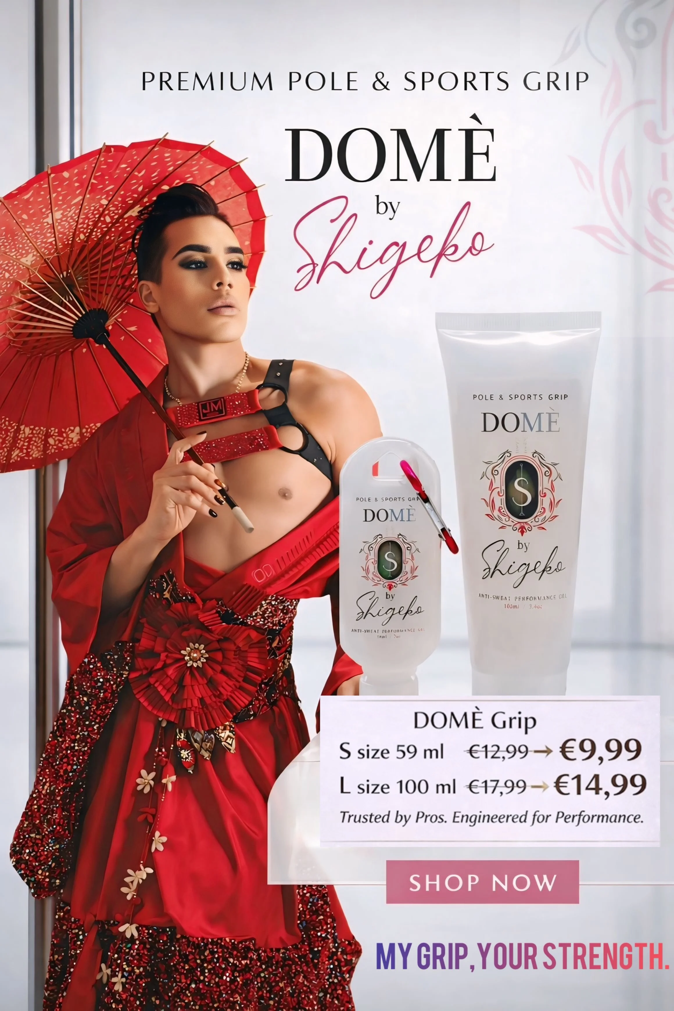 Advertisement for DOMÈ by Shigeko grip products featuring a woman in red traditional-inspired clothing holding a red umbrella, with images of the grip and performance oil, and pricing details.