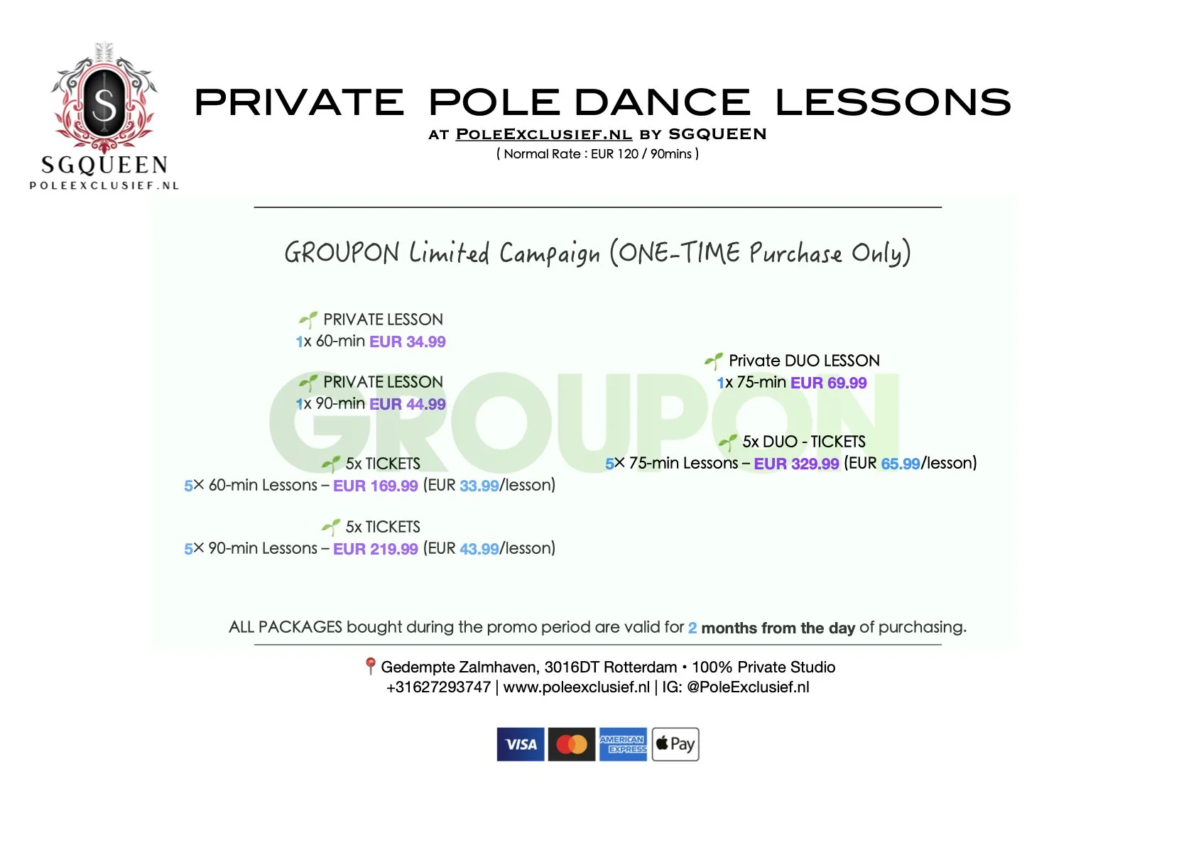 Pricing and package options for private pole dance lessons and packages from Polexclusief.nl, including single lessons, duo lessons, and ticket bundles, with prices in Euros.