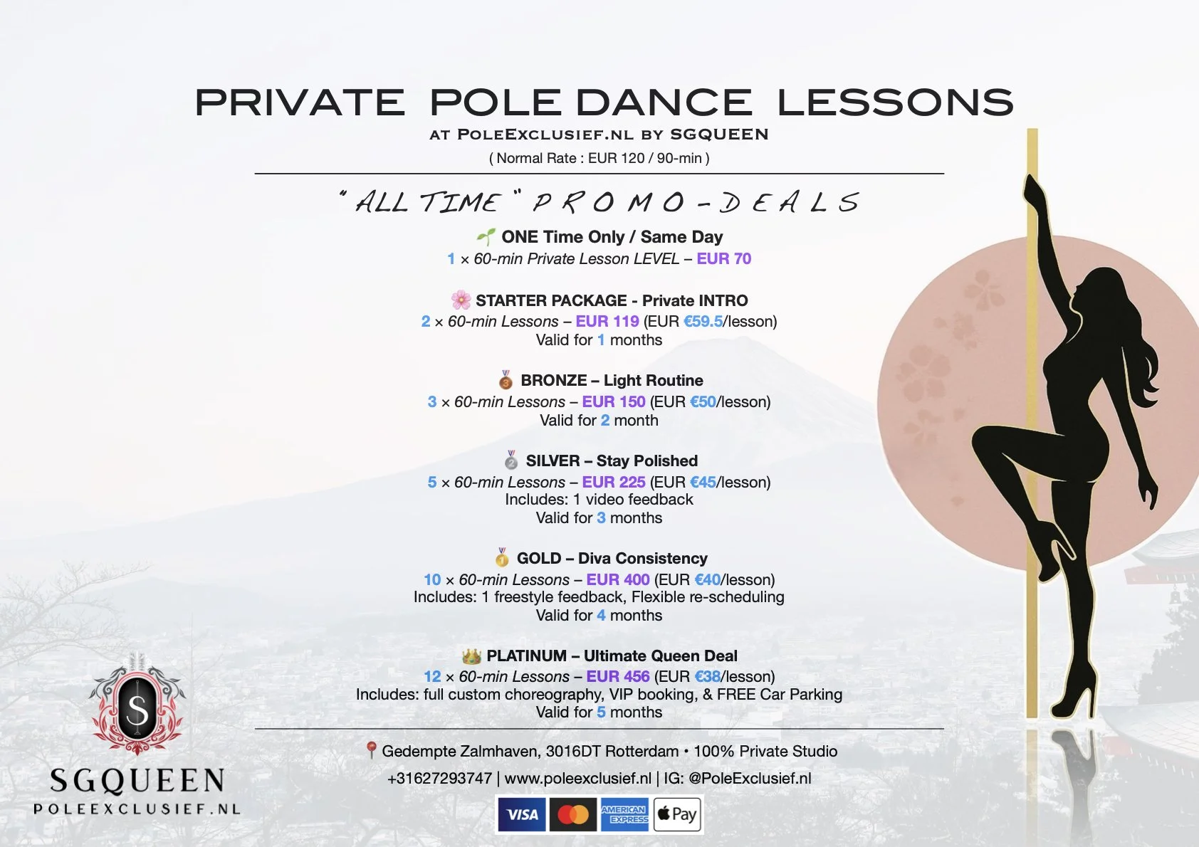 Flyer advertising private pole dance lessons with different packages and prices, featuring a silhouette of a woman pole dancing on a golden pole against a pink circular background.