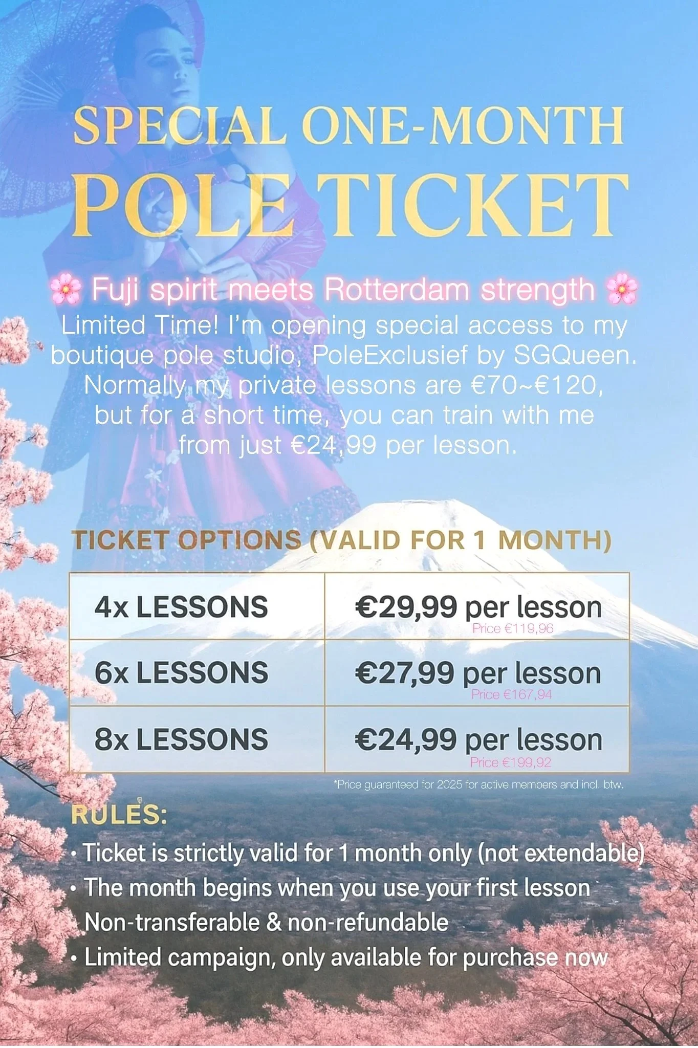 Pink cherry blossoms, a woman in traditional Japanese attire holding a parasol, Mount Fuji, and mountains in the background on a blue sky day.