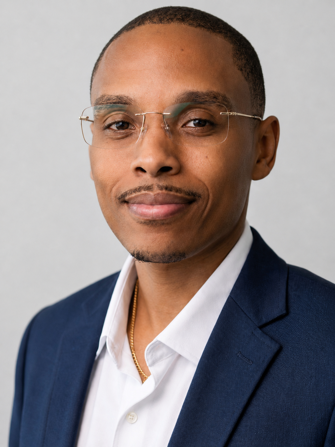 Headshot of a man wearing glasses, a navy blue suit, and a white shirt, smiling against a plain background.