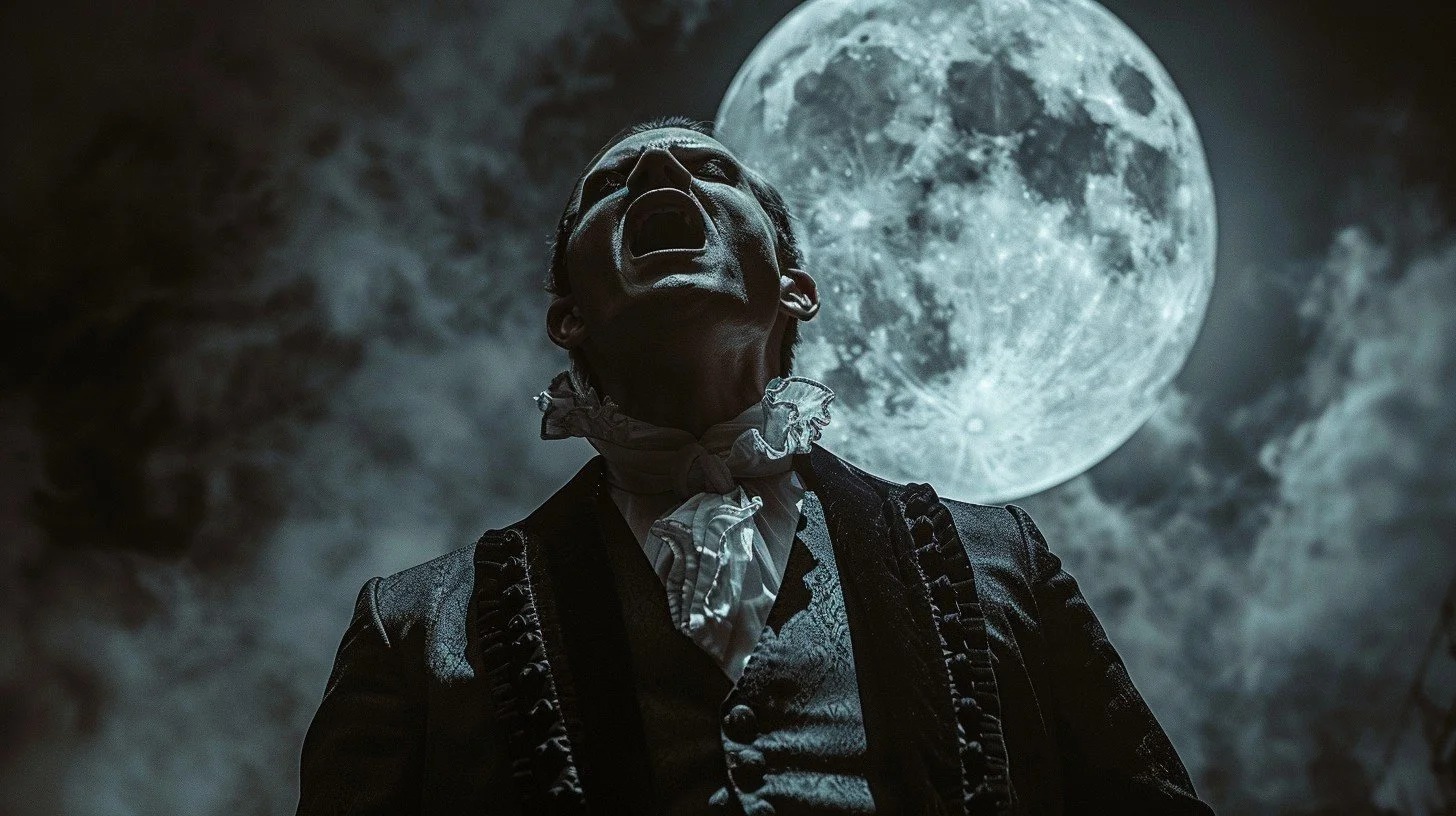 A vampire howling like a werewolf, standing beneath a large, bright full moon surrounded by dark clouds at night.
