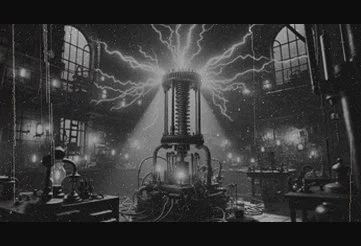 black and white photo of an old laboratory with sparks flying