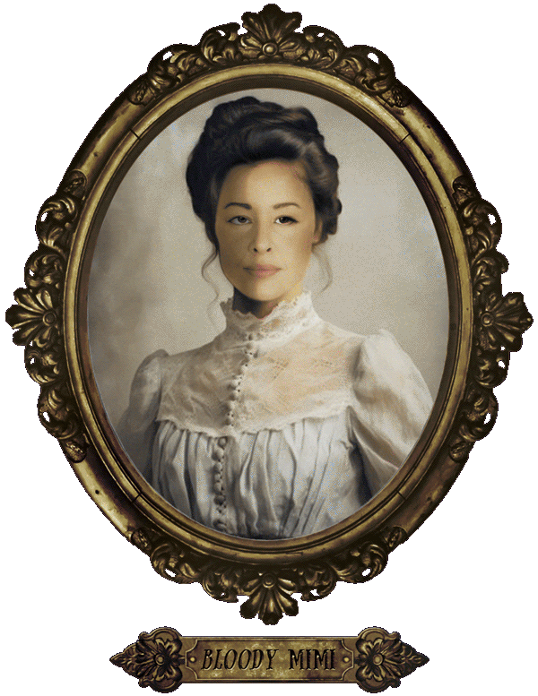 A vintage portrait of a woman in a white Victorian dress with lace details, framed in an ornate gold oval frame, with a plaque that says 'Bloody Mimi'.