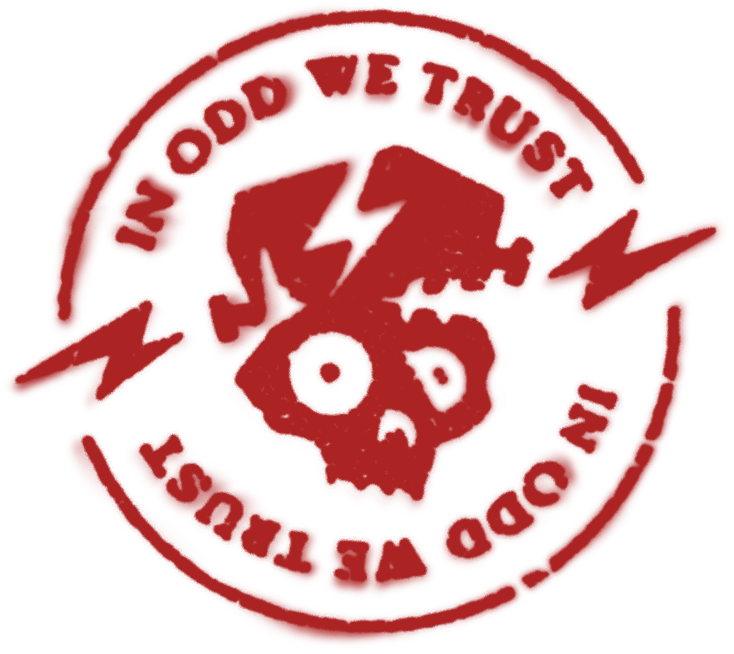 In Odd We Trust round red stamp logo.